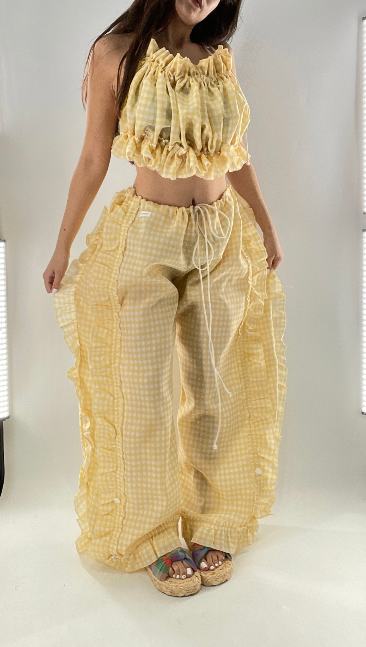Vintage 2 Piece Yellow Checkered/Gingham Patterned Picnic Set with Ruched Bust Top and Ruffle Side Wide Legs with Adjustable Length, Strap Up Buttons on Hem (One Size)