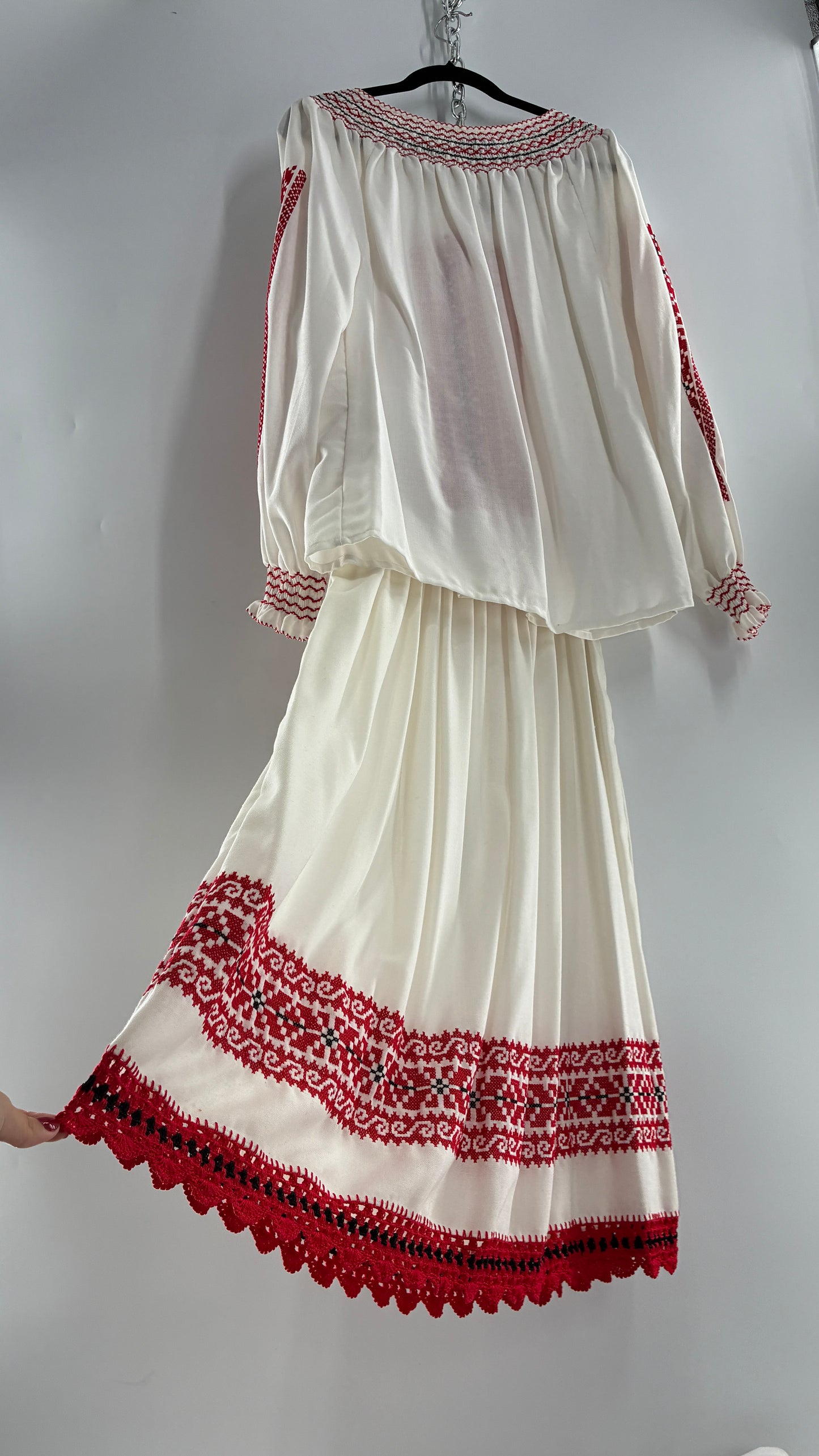 Vintage 1970s LUX FOLKLOR Budapest Handmade Cotton Long Sleeve and Skirt Covered in Red Embroidery and Stitching