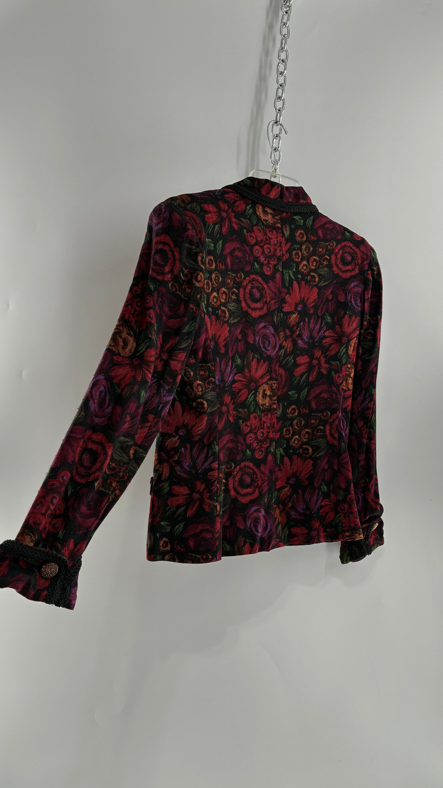Vintage Suit Set with Gold Button, Deep Floral Blazer and Pleated Upcycled Mini Skirt (6)