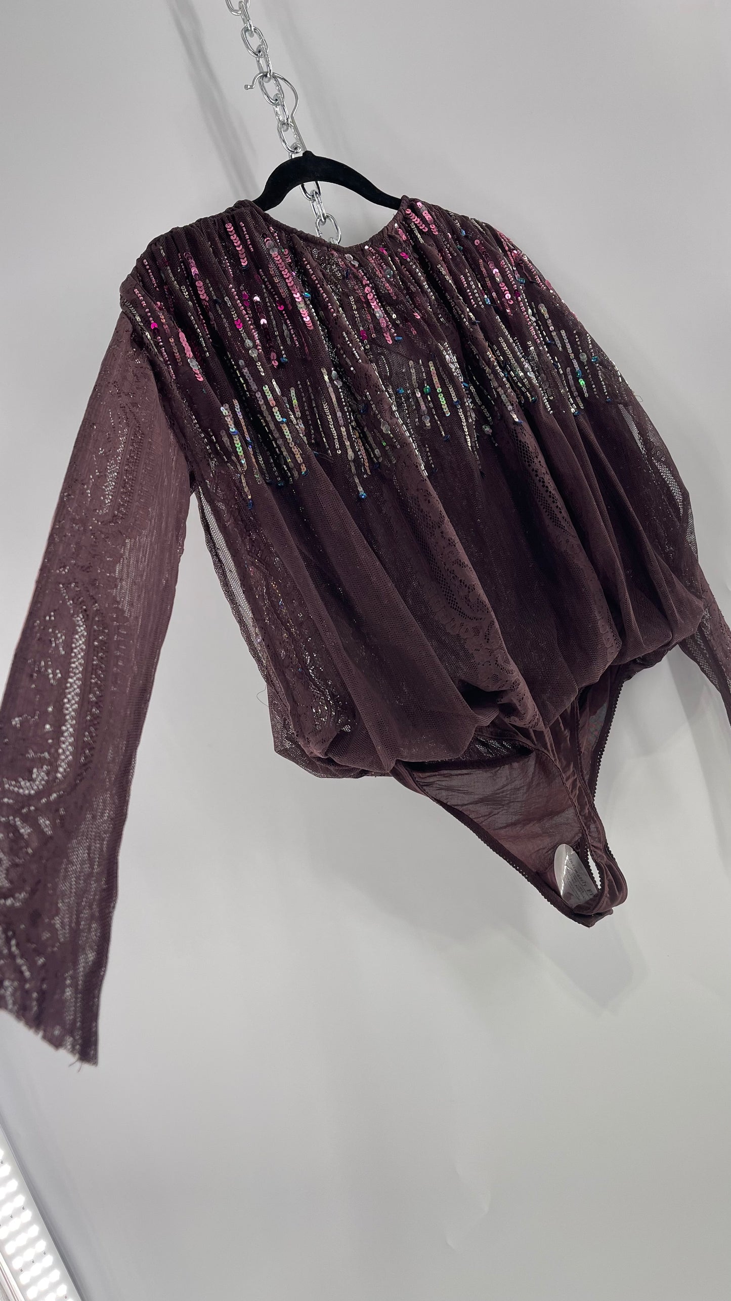 Intimately Free People Plum Mesh Bodysuit with Lace Sleeves and Beaded/Sequined/Embellished Body (Medium)