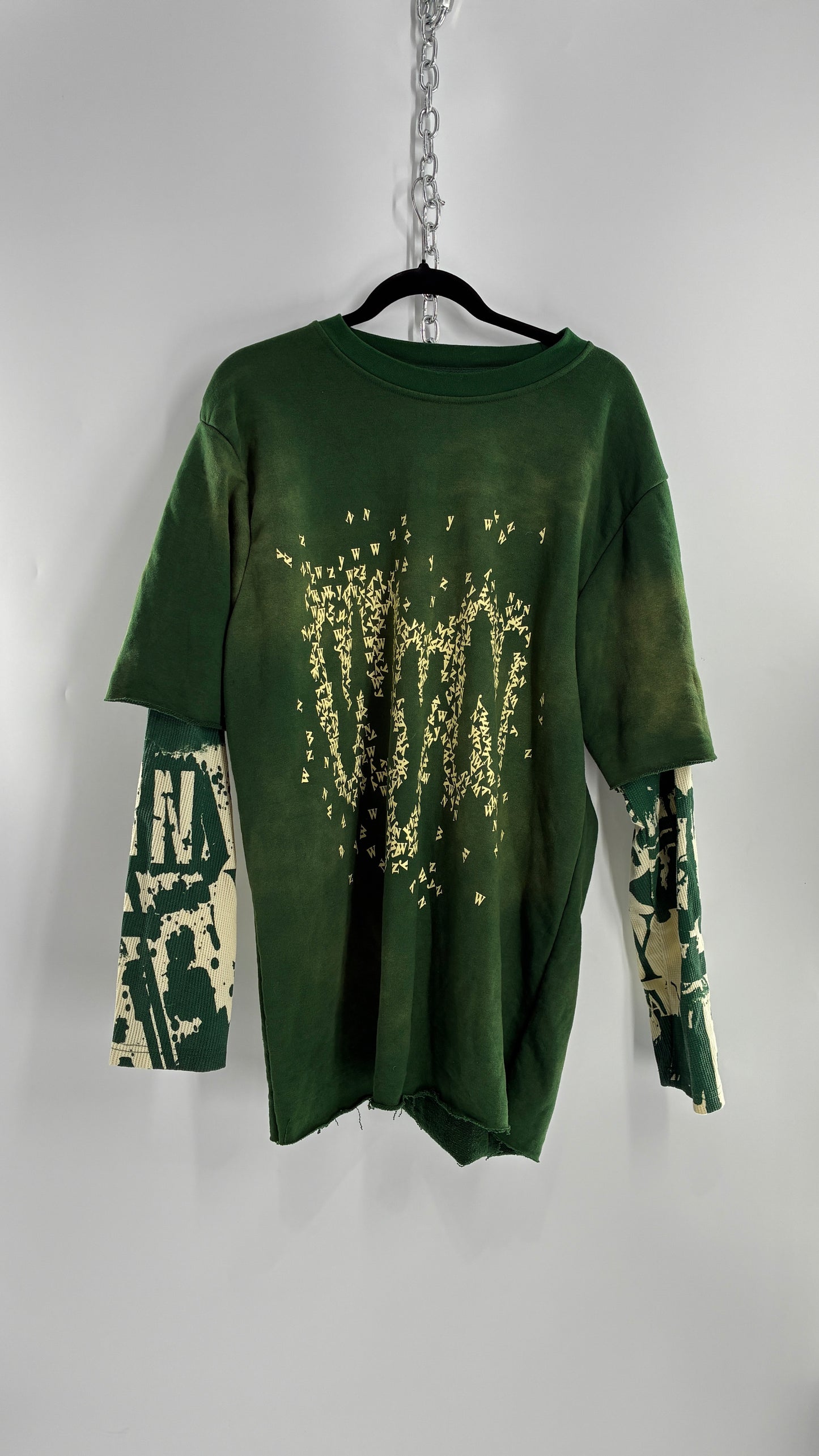 WYN Green Paint Splattered Henley/Baggy T Shirt Men’s Long Sleeve (XXXL)