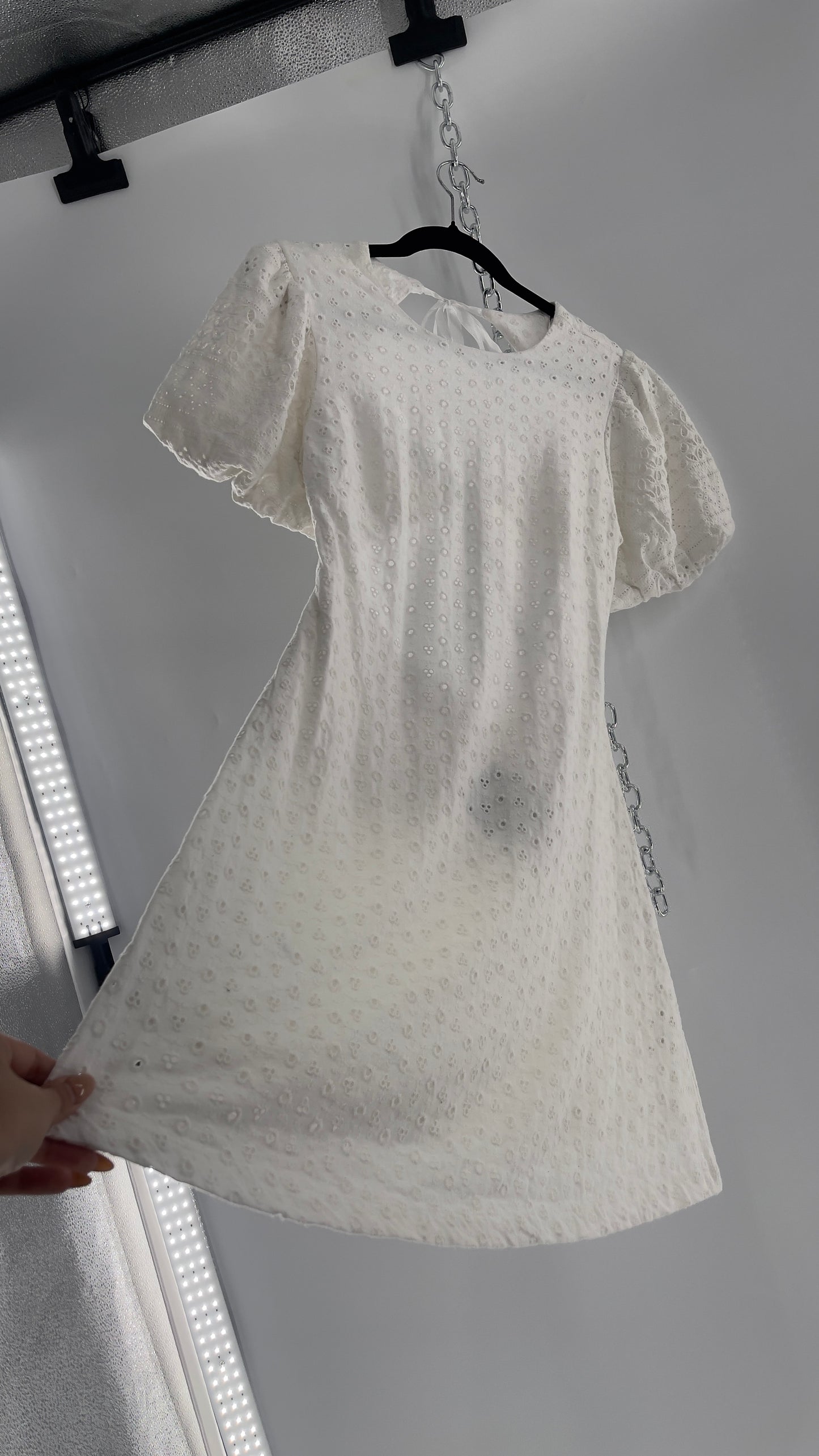 Free People White Eyelet Mini Dress with Puff Sleeve and Open Back (XS)