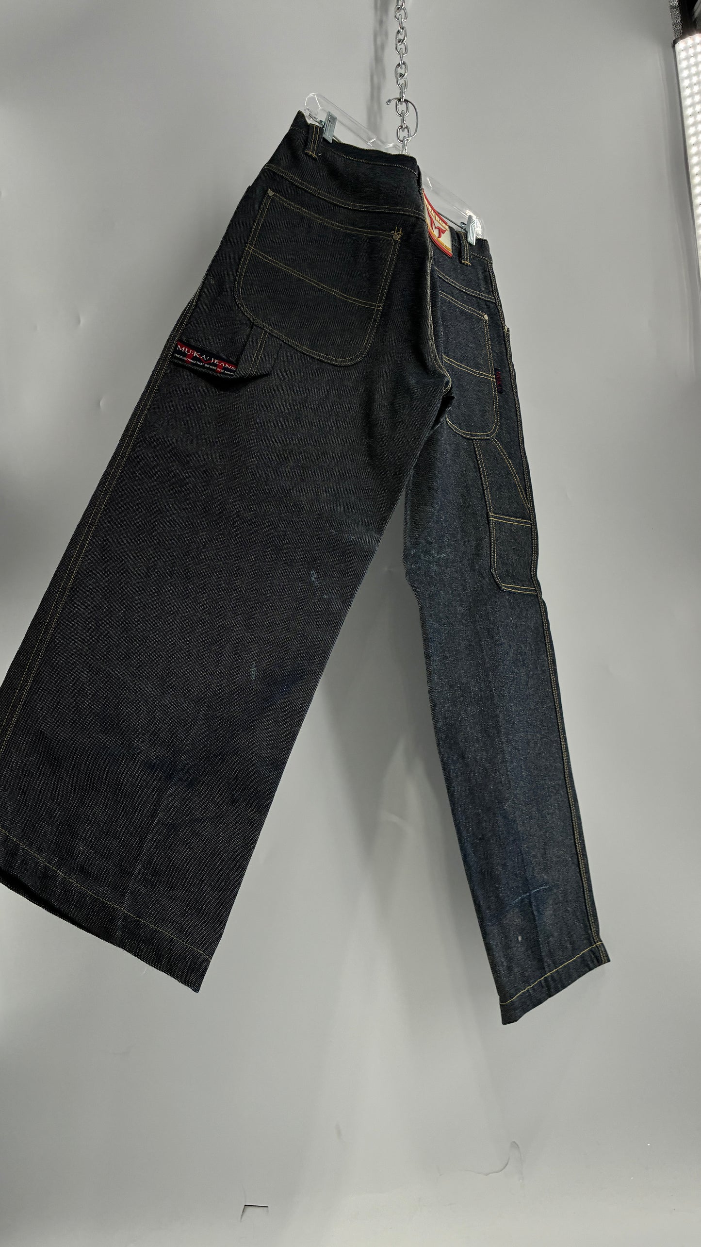 Vintage 1990s MU:KA: JEANS Men’s Dark Wash Japanese Style Denim Baggy Straight Legs and Oversized Jacket Set (L, 32x32)
