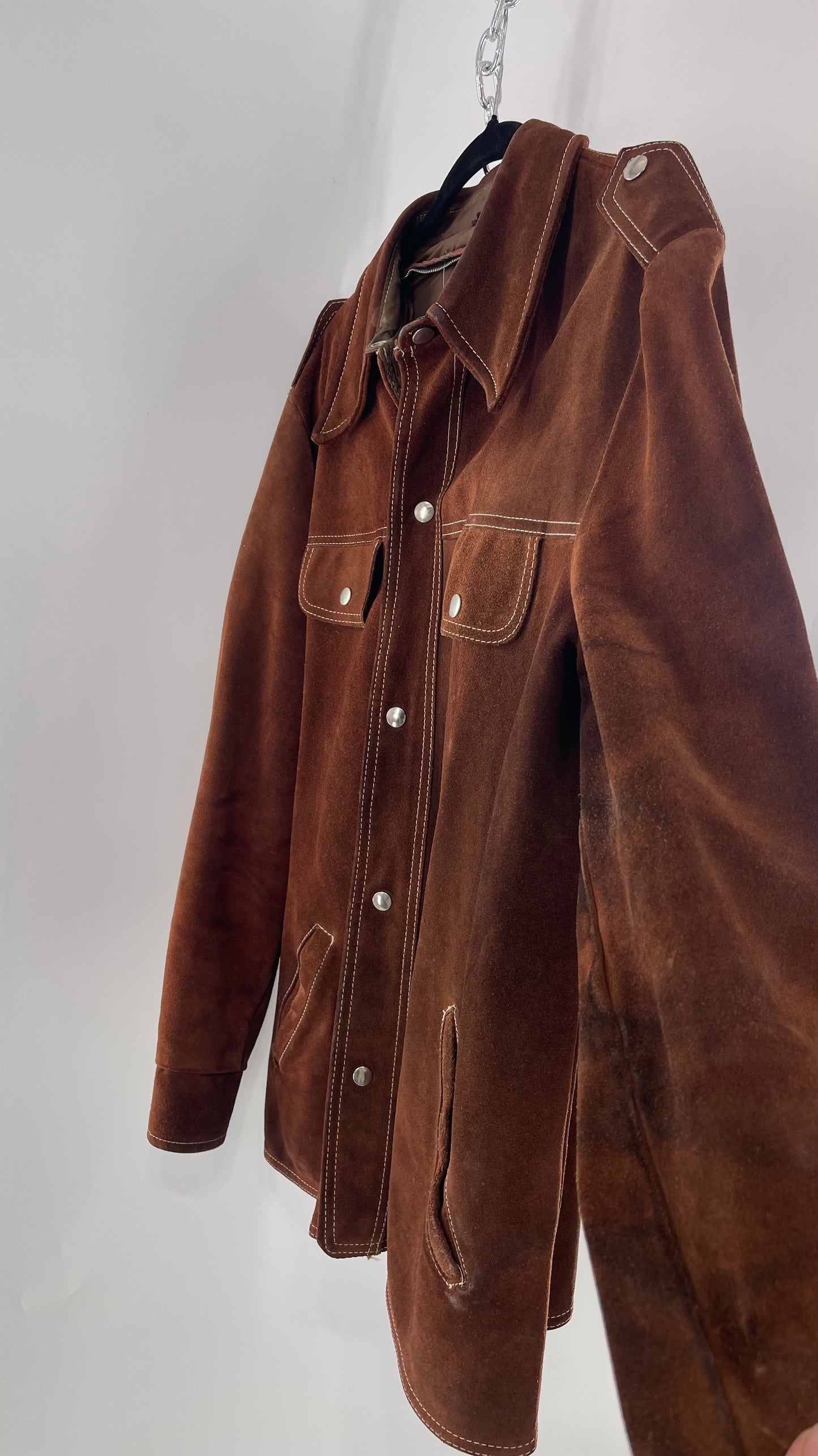 Vintage Brown Suede Jacket with Contrast White Stitching (C)(Large)