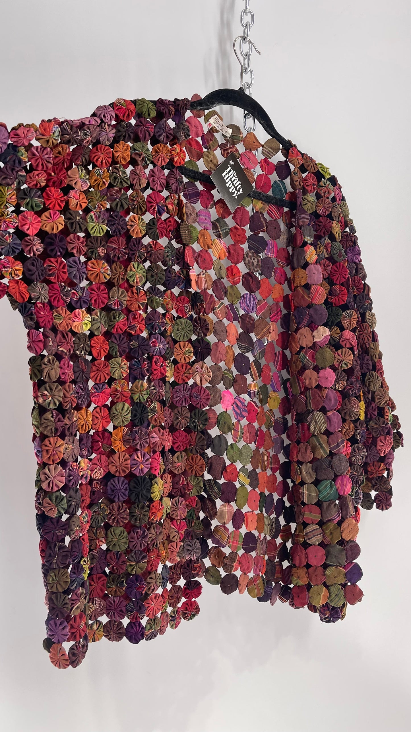 Vintage Handcrafted Multicolored Print Yo-Yo Quilt Kimono Sleeve Jacket, 1970s Thai 100% Silk
