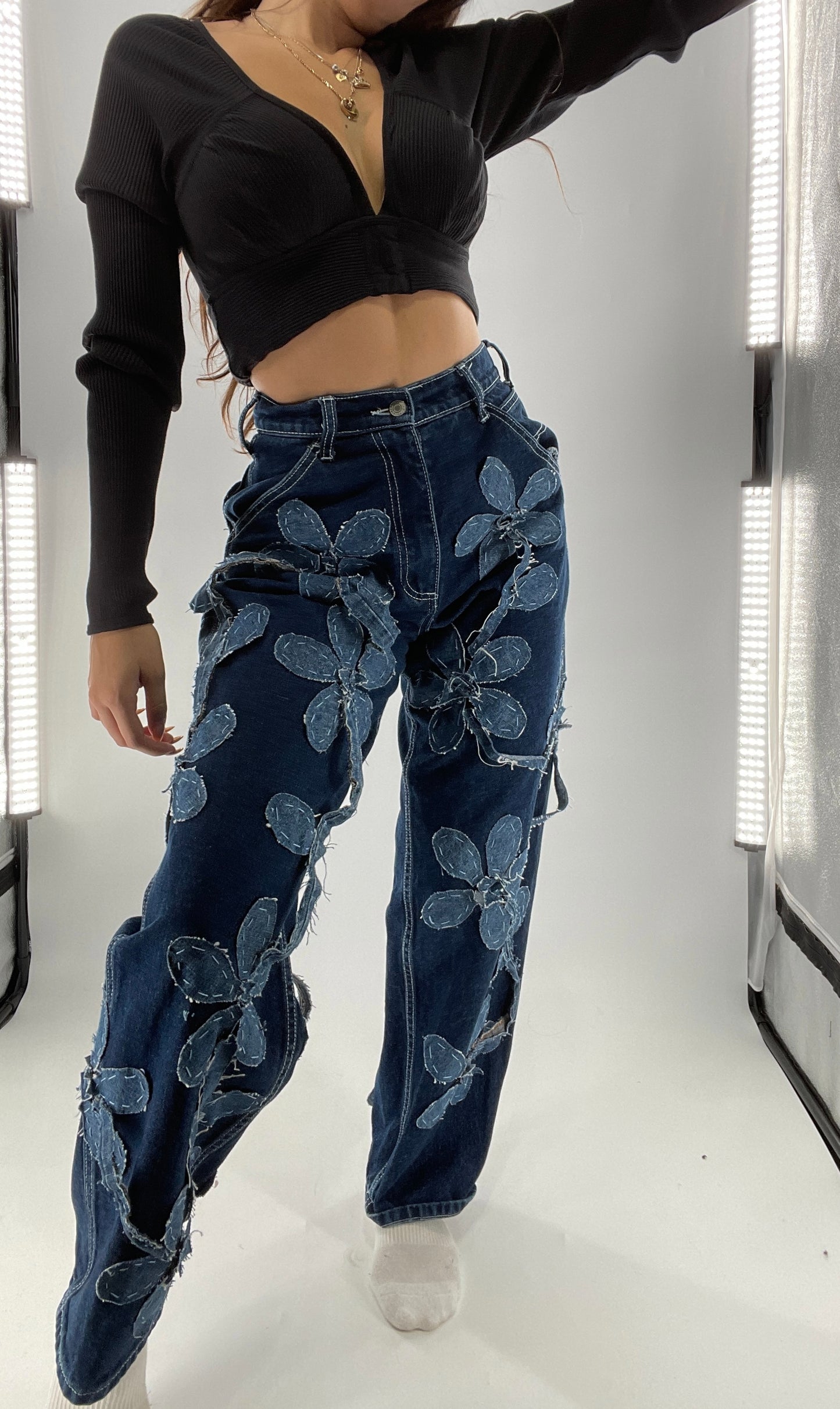 Handmade CUSTOM Dual Denim Tone Floral Vine Cargo Denims (S)