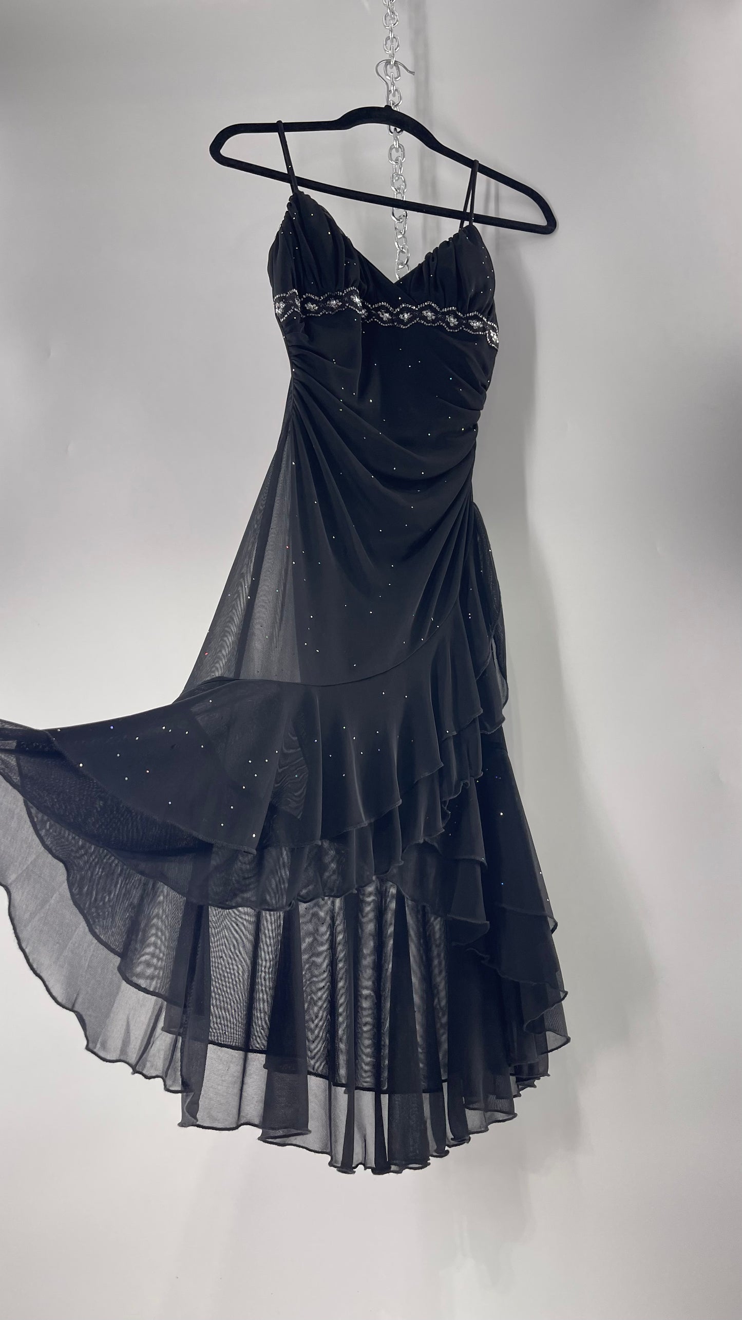 Vintage Taboo Midi Dress with Iridescent Sequins with Lace Underbust Detail, High Low Silhouette and Frills (Medium)
