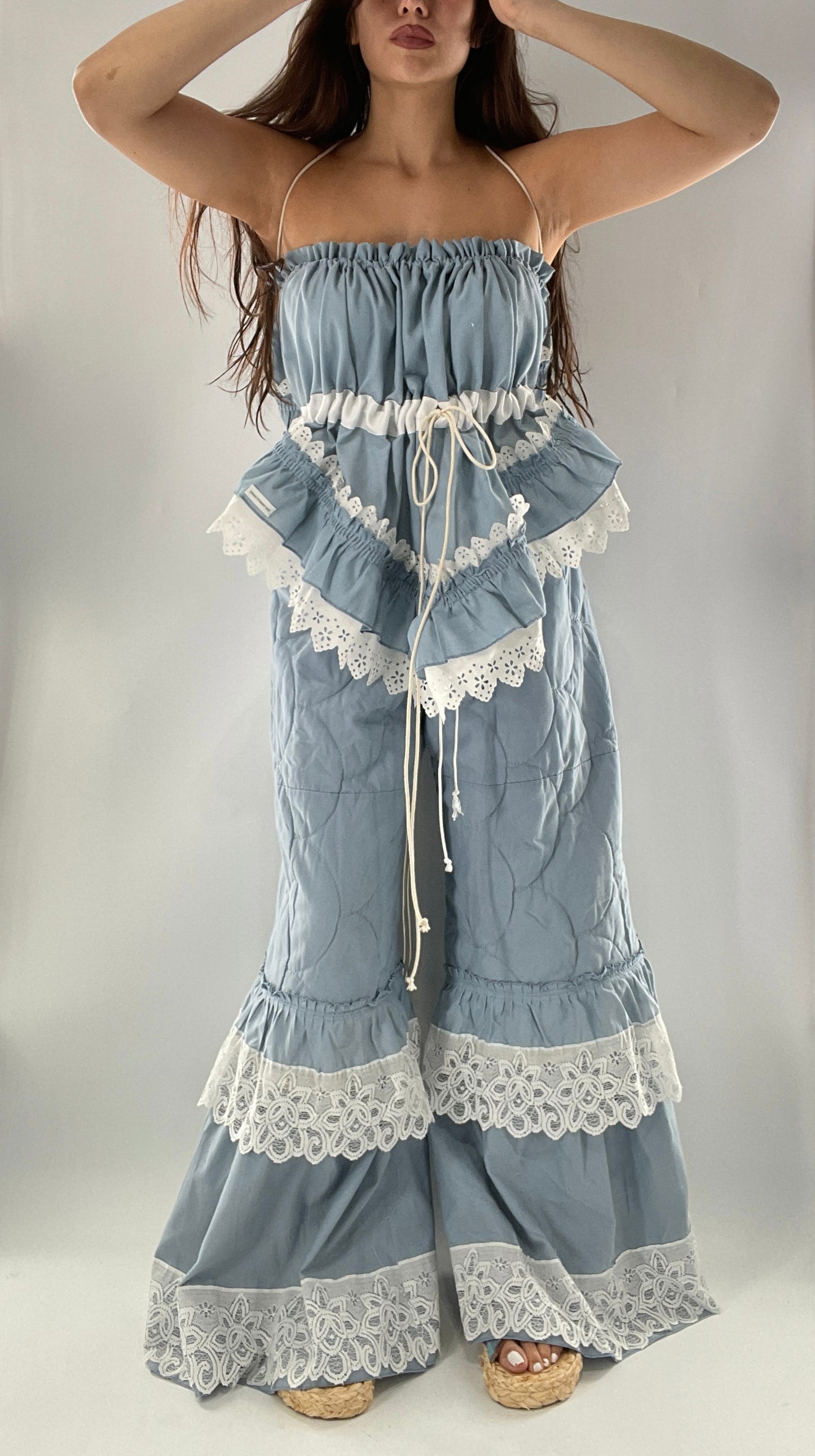 Vintage 2 Piece Powder Blue Set Featuring 2Way Blouse and Quilted Trousers Covered in Ruffles, Lace and Trim (One Size)