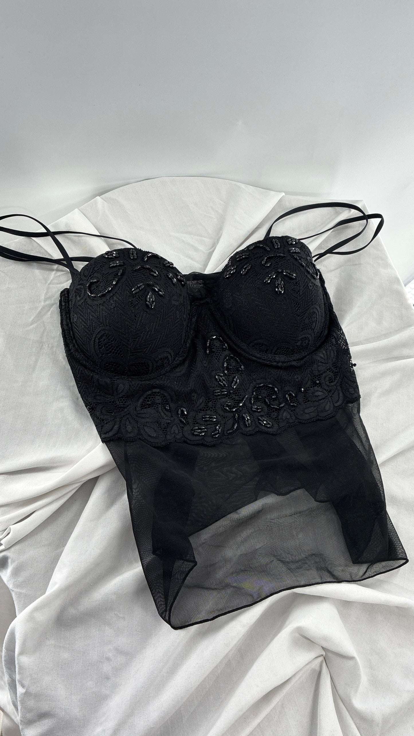 Vintage LA FRESCA Black Lace Bustier Babydoll with Mesh Bodice and Beaded Cups/Band (Large)