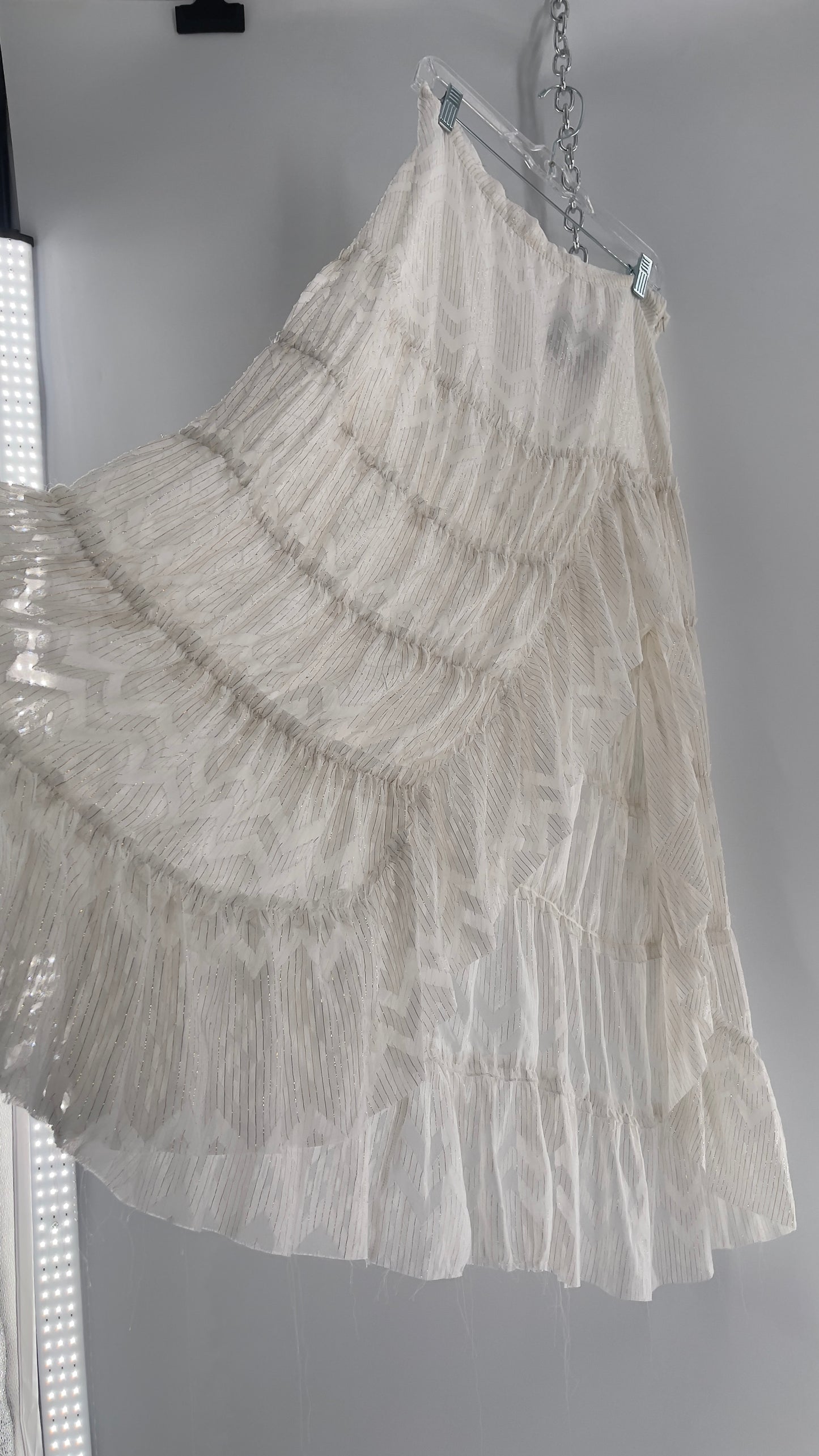 Free People Raw Edge Hem White Gold Tinsel Skirt with Ruffle Side Slit (Small)