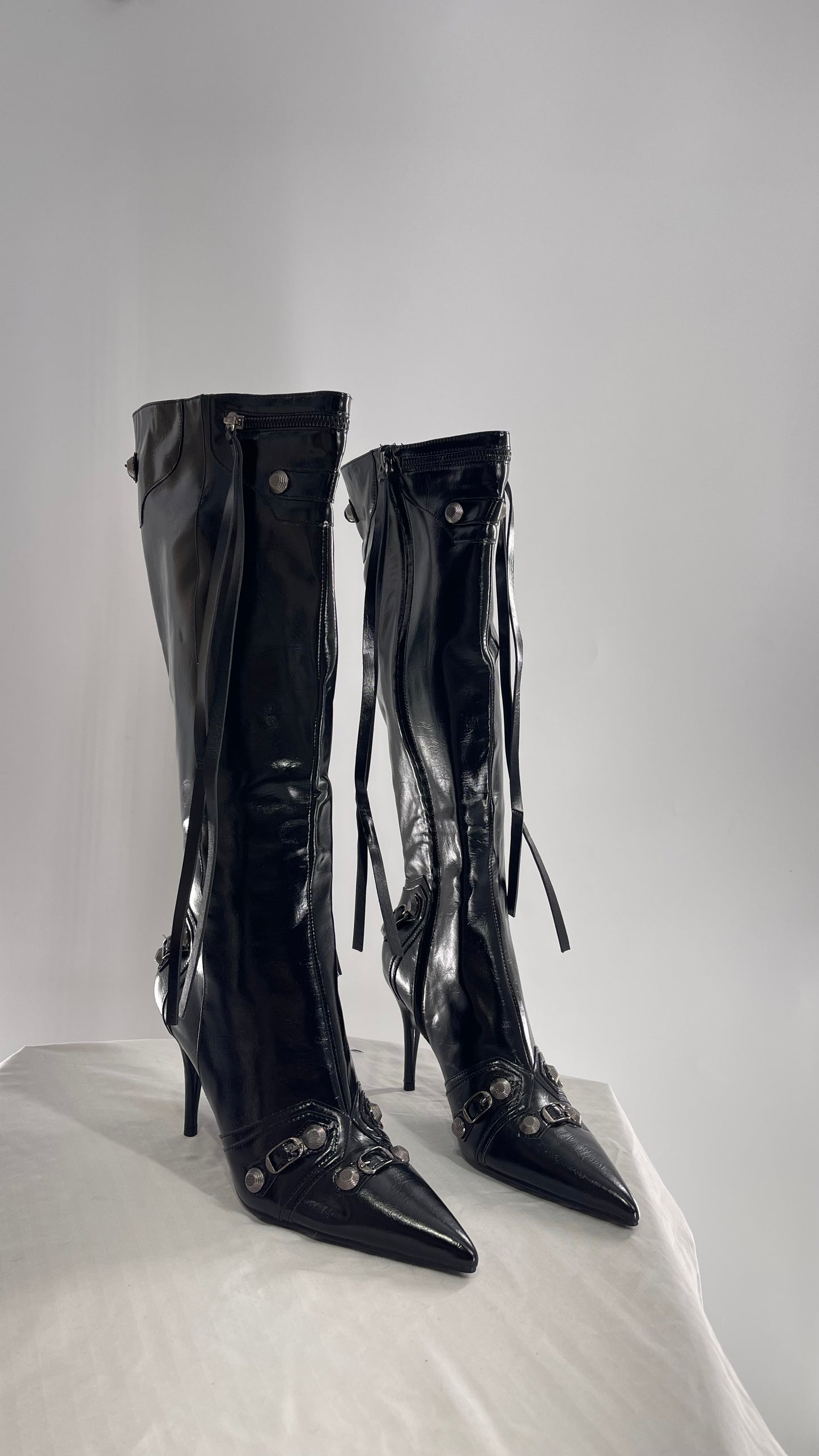 Black Pointed Toe Strappy Heeled Knee High Boots with Metal Hardware Details (10)