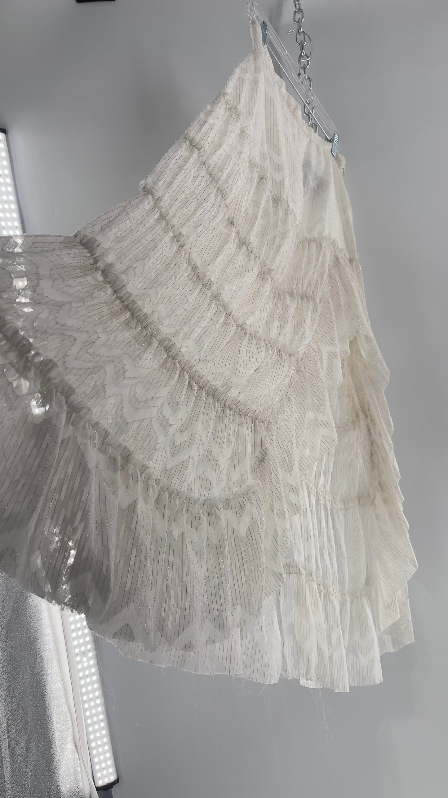Free People Raw Edge Hem White Gold Tinsel Skirt with Ruffle Side Slit (Small)