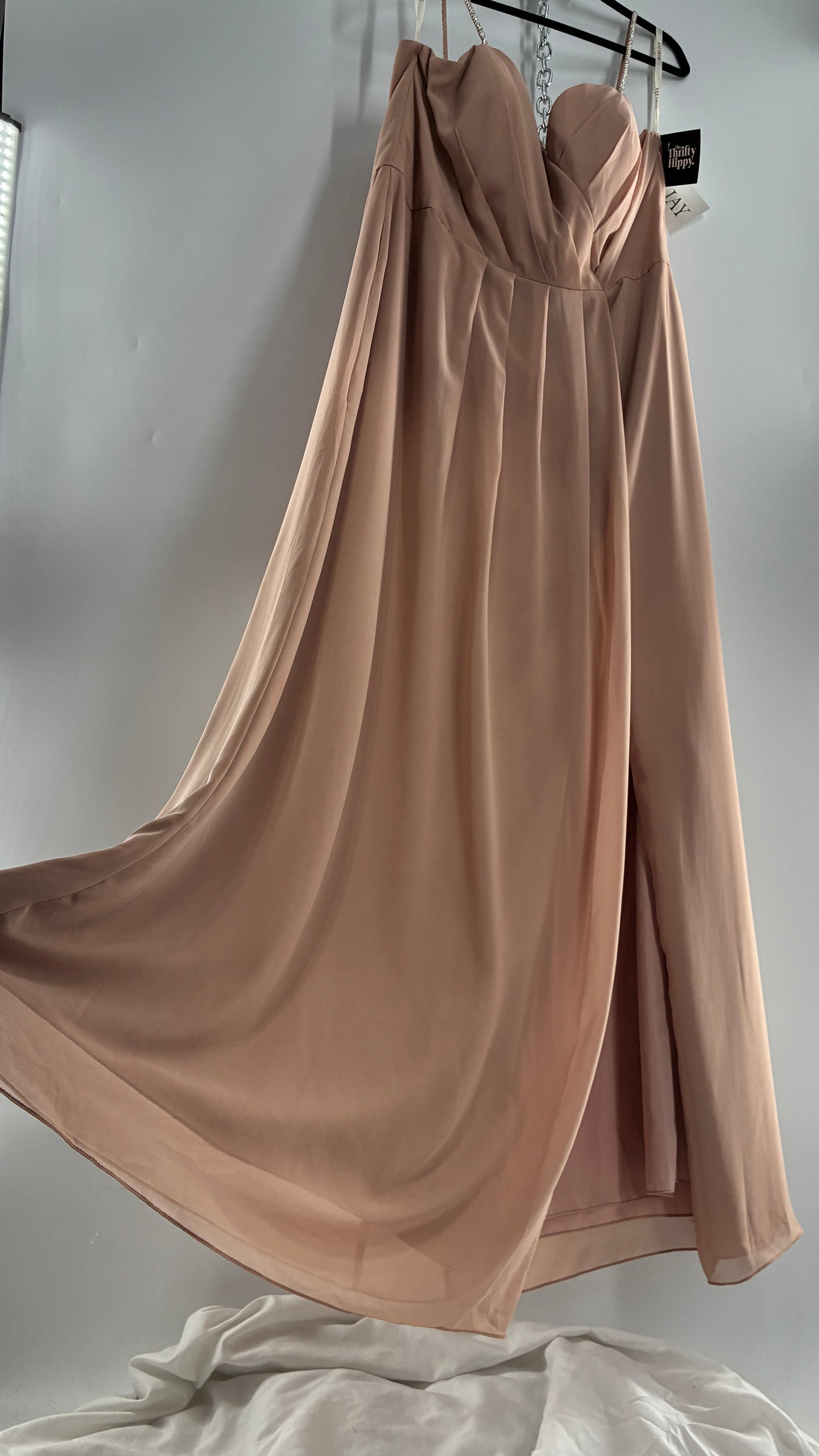 Vintage BARI JAY Nude/Blush Pink Full Length Dress with Embellished Straps and Side Slit Detail (16W)