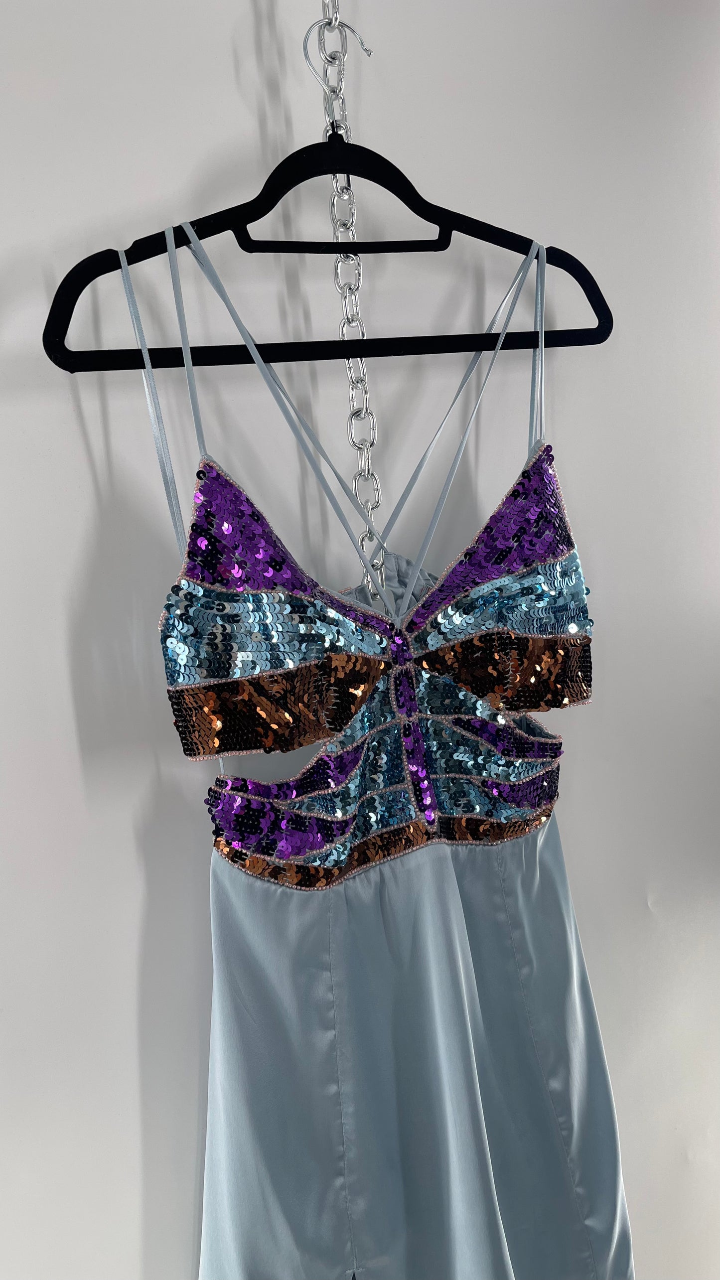 Urban Outfitters Light Blue Satin Butterfly Sequin Size L