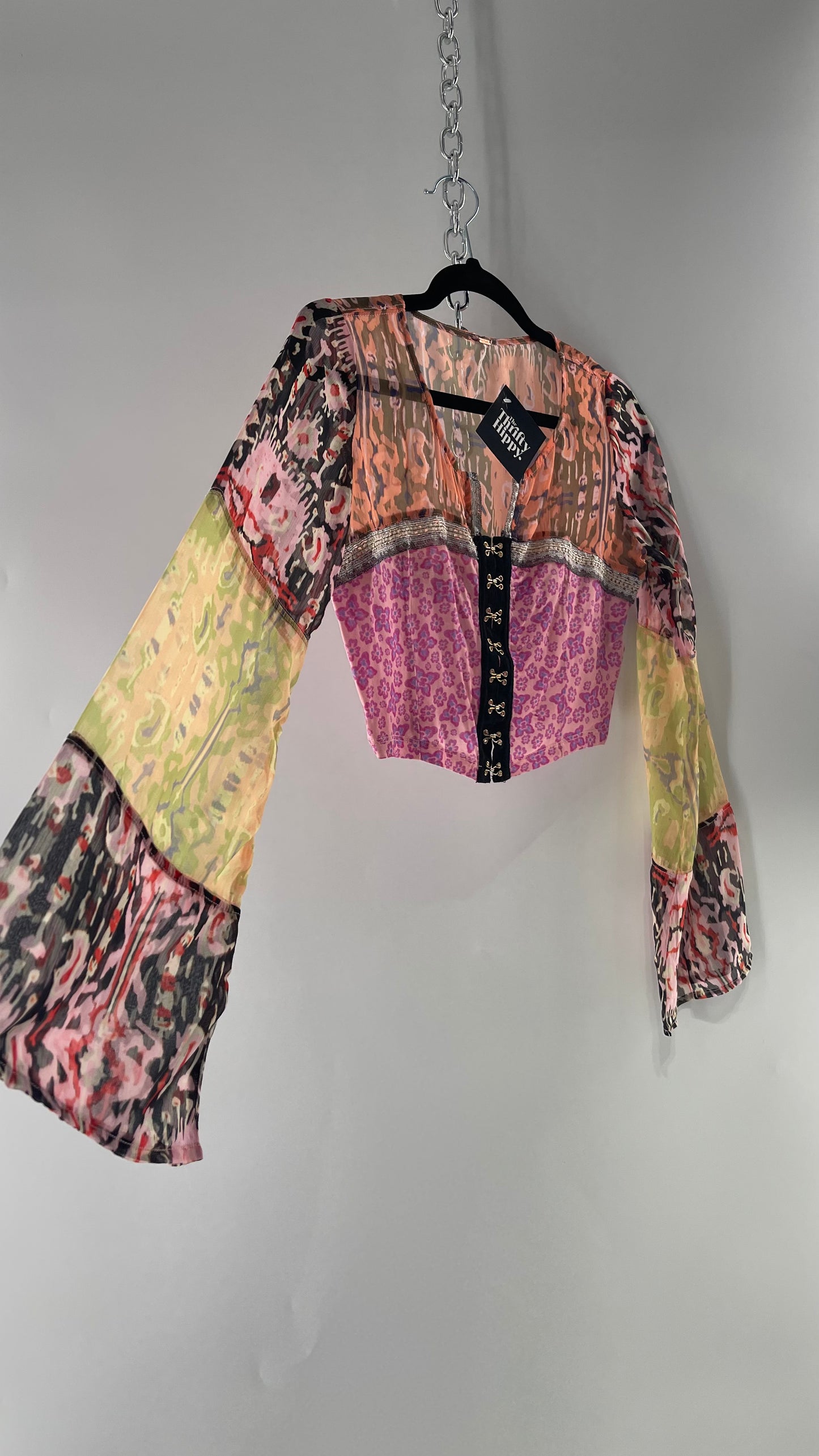Free People Walk that Walk Mixed Pattern Sheer Bell Sleeve Colorful Crop (XS)