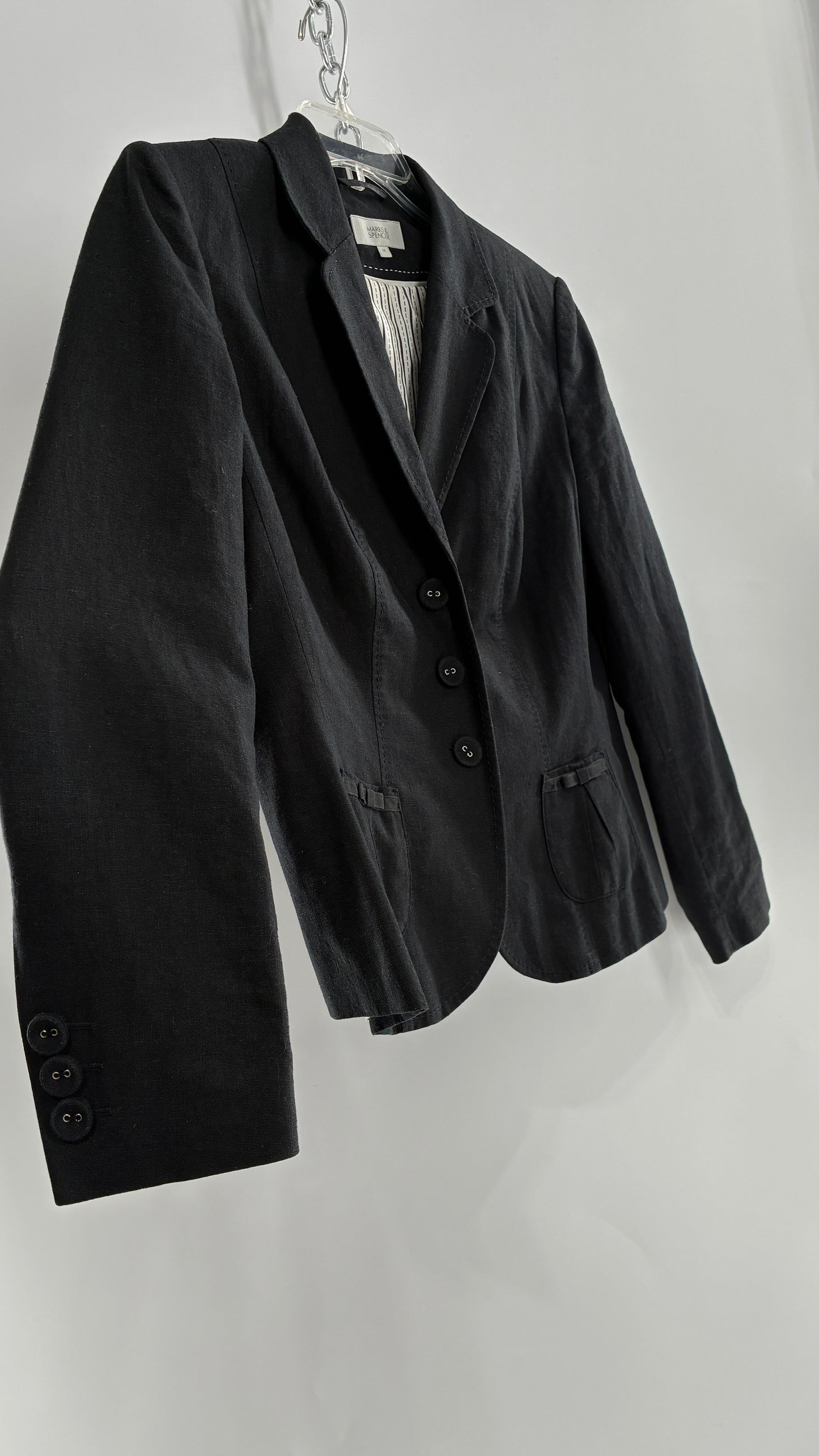 Vintage MARKS & SPENCER Suit Set with Black Linen Blend Blazer and Upcycled Mini Skirt with Corset Backing (14/M)