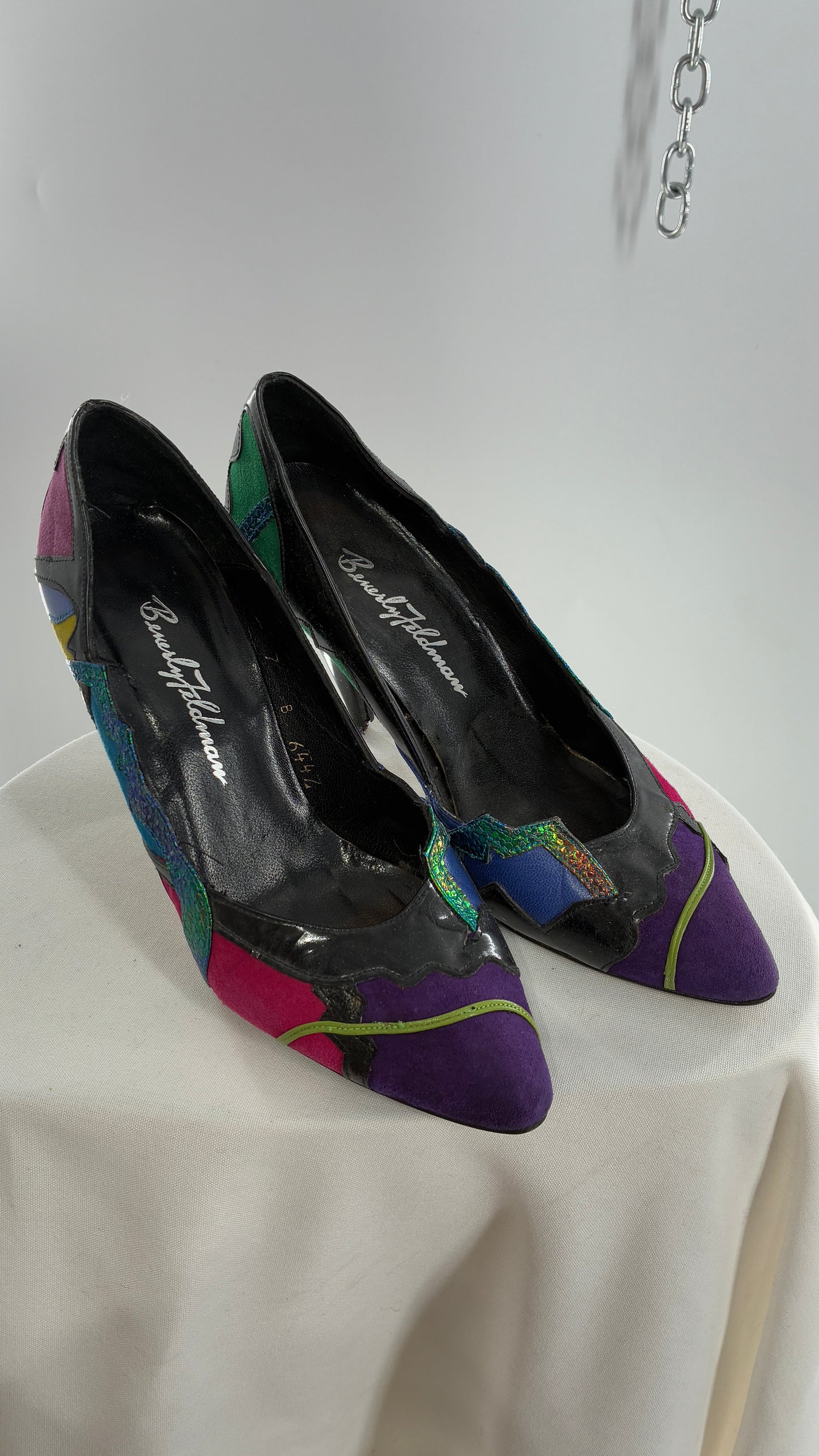 Vintage Beverly Feldman 1980s Retro, Abstract, Color Block and Iridescent Curved Heels (7)