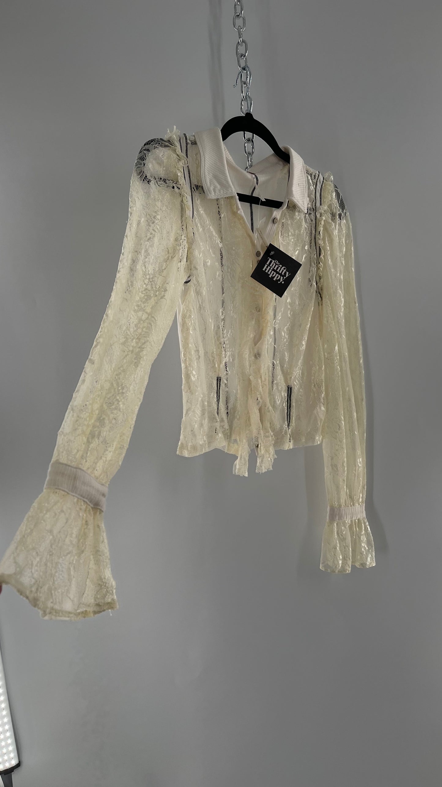 Free People White Lace/Ribbed BodyCon Button Up with Tags Attached (Large)