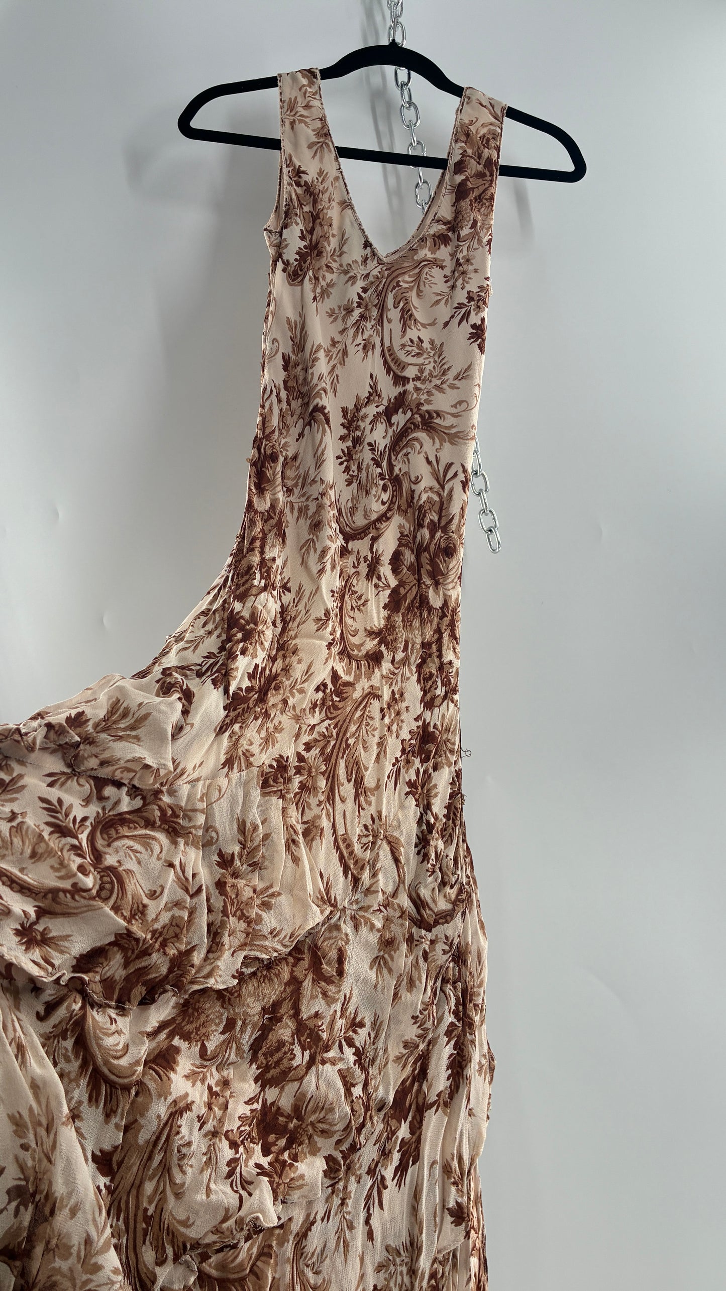 Vintage MAJICK 1990s Brown Floral, Asymmetric Ruffled Hem Gown with Embroidered Sequin Details (Medium)