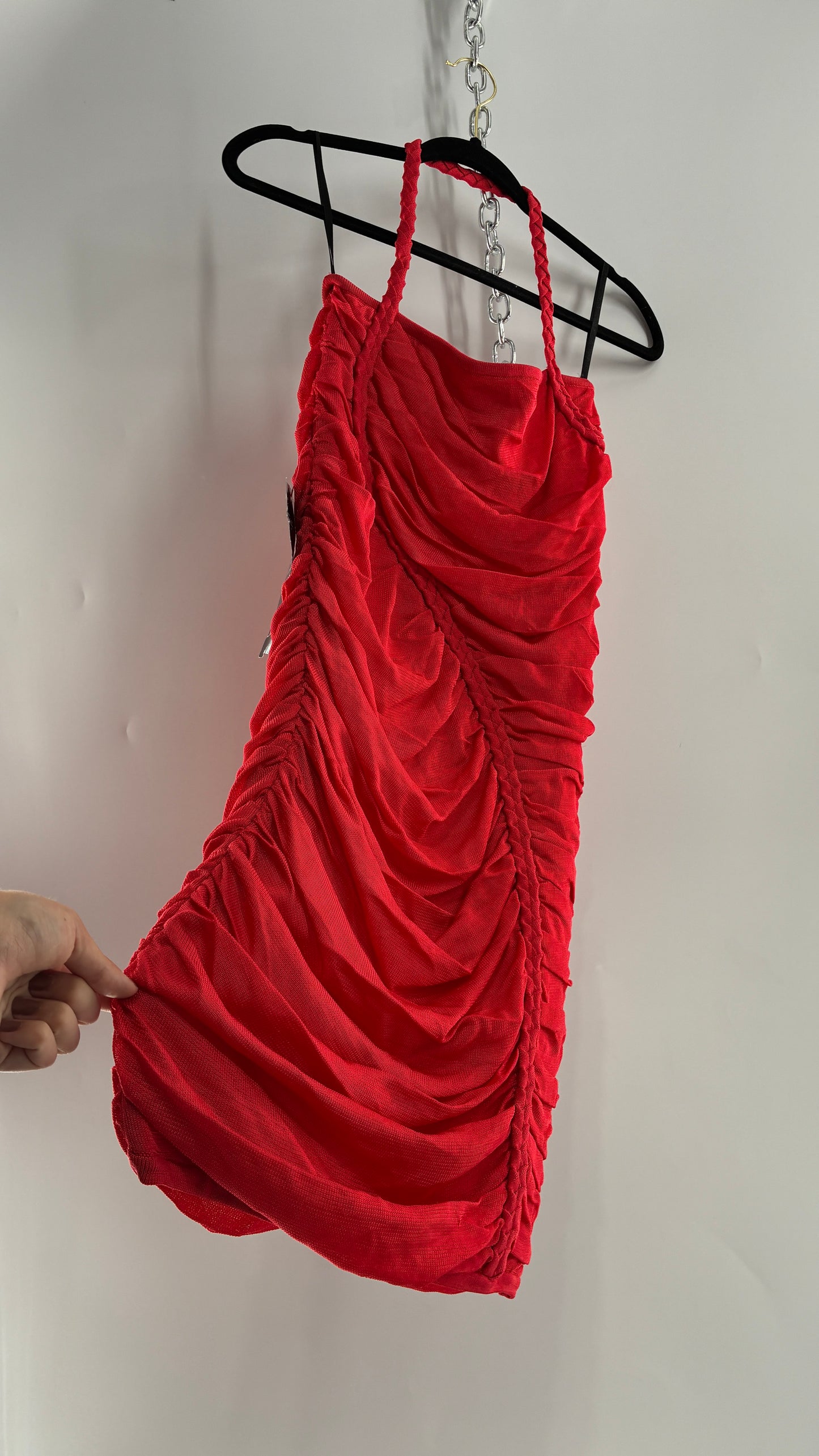 Deadstock Vintage BEBE Red Heavy/Thick Ruched and Roped Mini Dress (Medium)