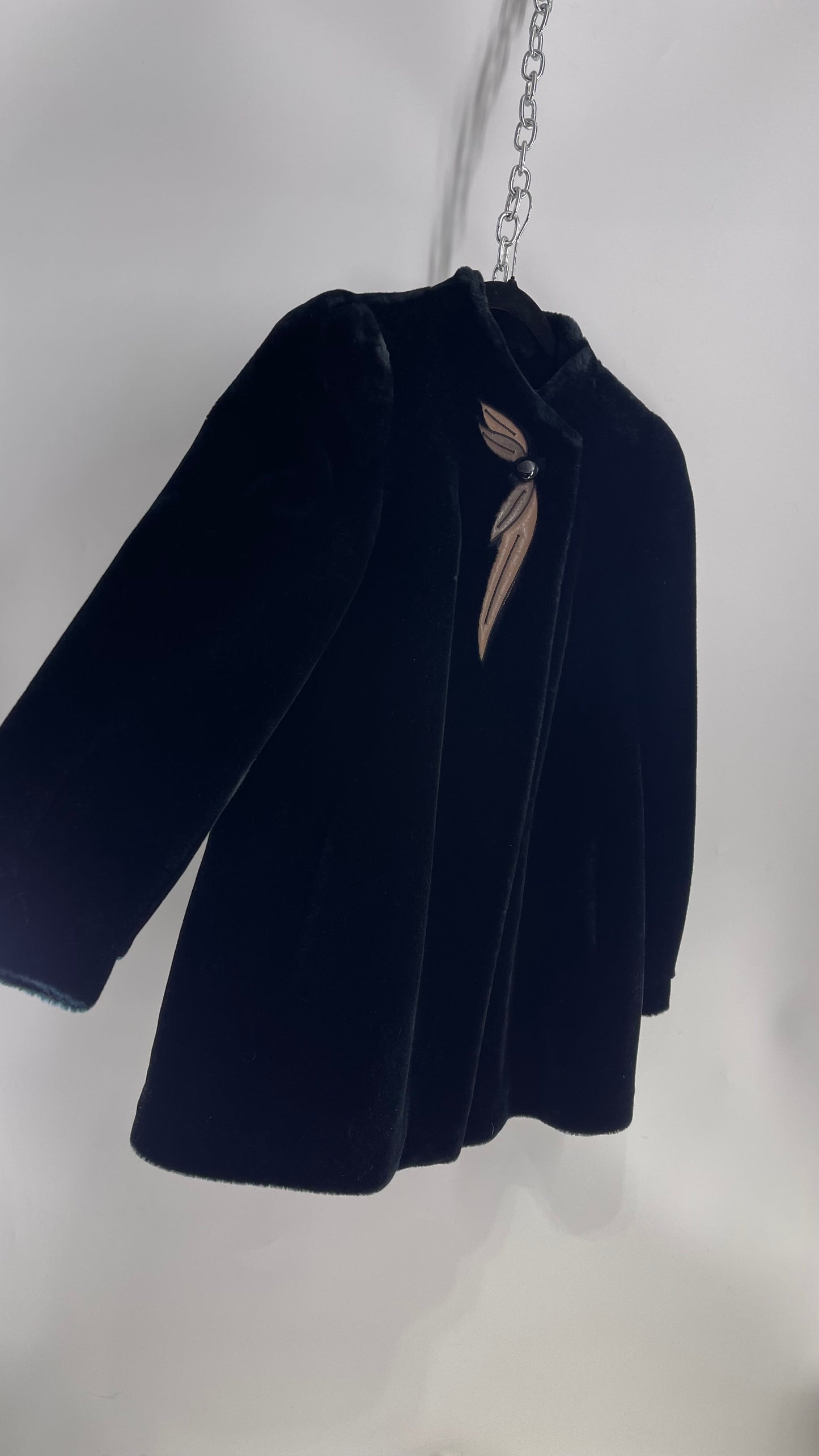 Vintage SASSON Black Faux Fur Coat with Embroidered Leather Patch Detail (Small)