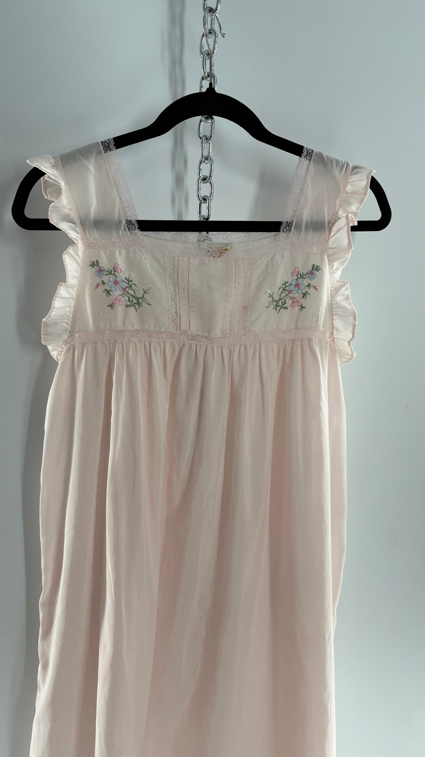Vintage Barbarie Baby Pink Nightgown Style Dress with Embroidered Florals and Ruffled Straps