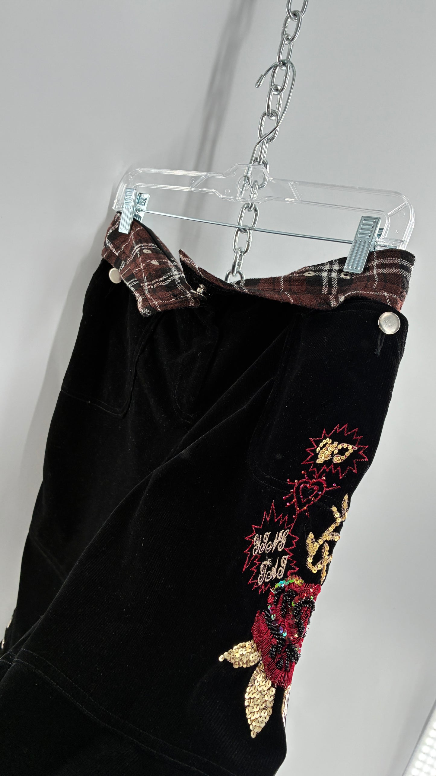 Vintage Black Corduroy Capris with Full Thigh Embroidery, Silver Buttons, and Woven Plaid Waistline (30)