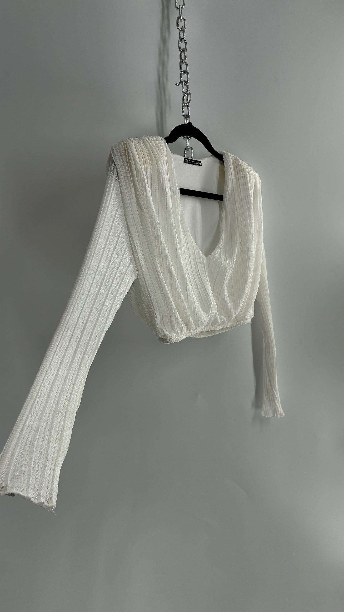 ZARA White Pleated and Draped Long Sleeve Blouse with Shoulder Pads (S)