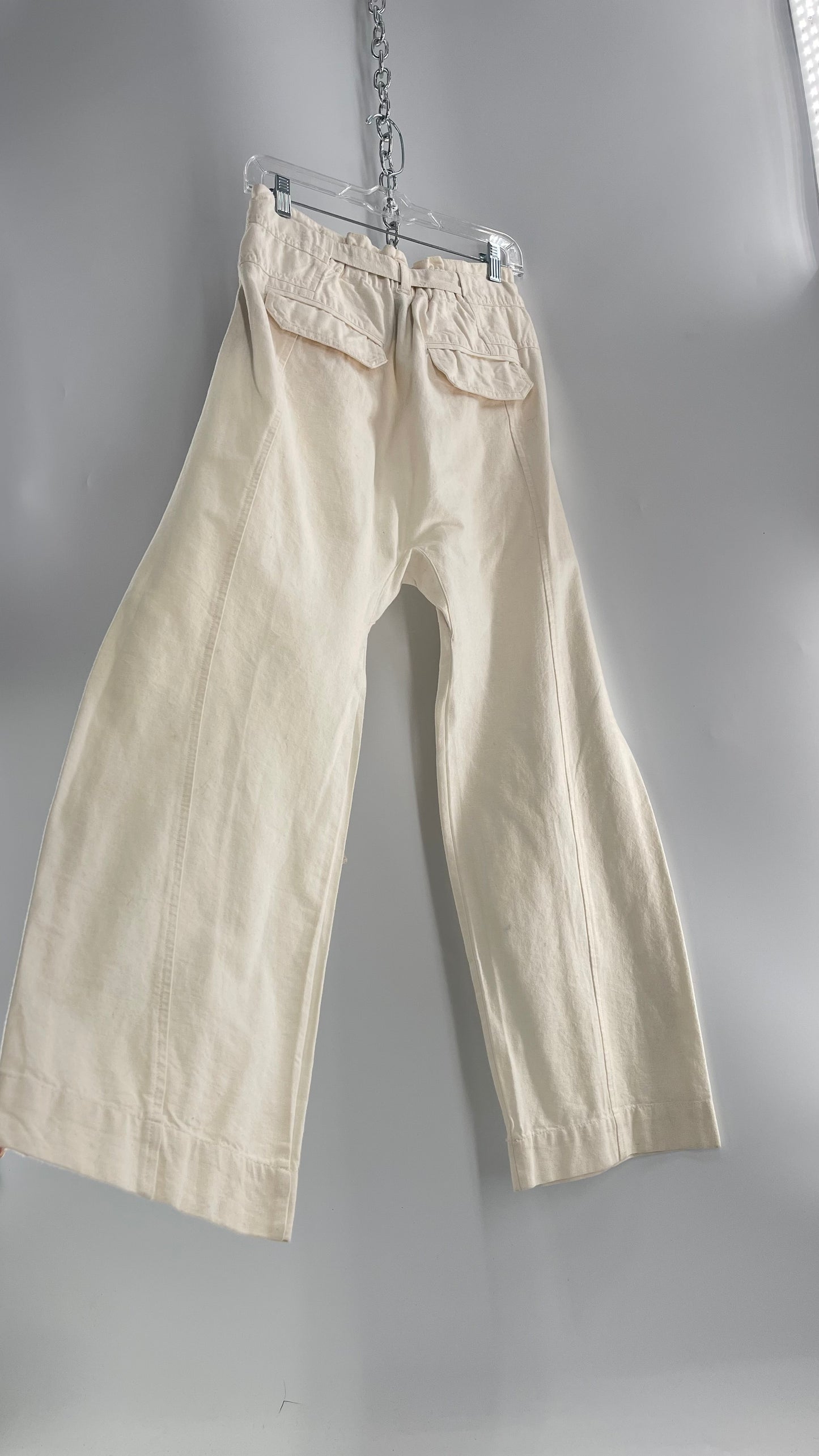 Free People Cream Color Canvas Belted Pants with Oversized Pockets and Tags Attached (XS)