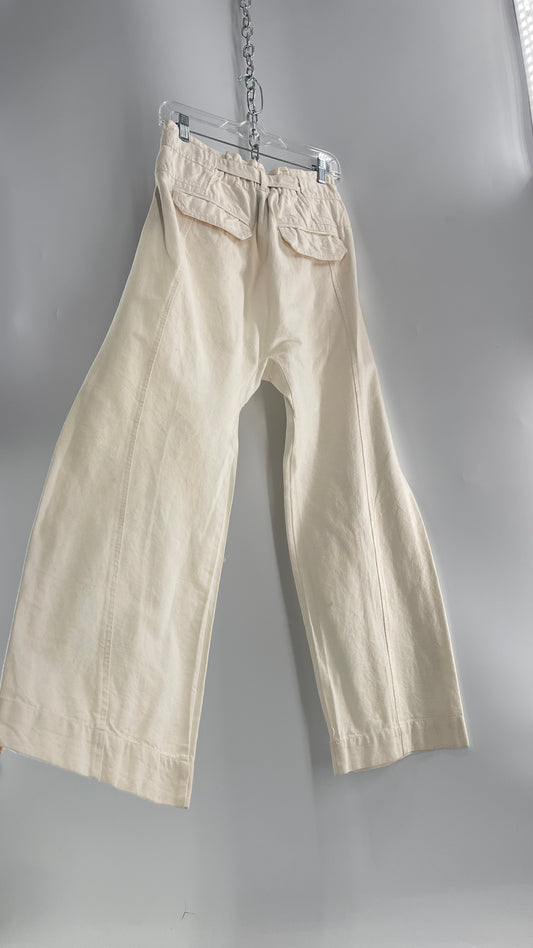 Free People Cream Color Canvas Belted Pants with Oversized Pockets and Tags Attached (XS)