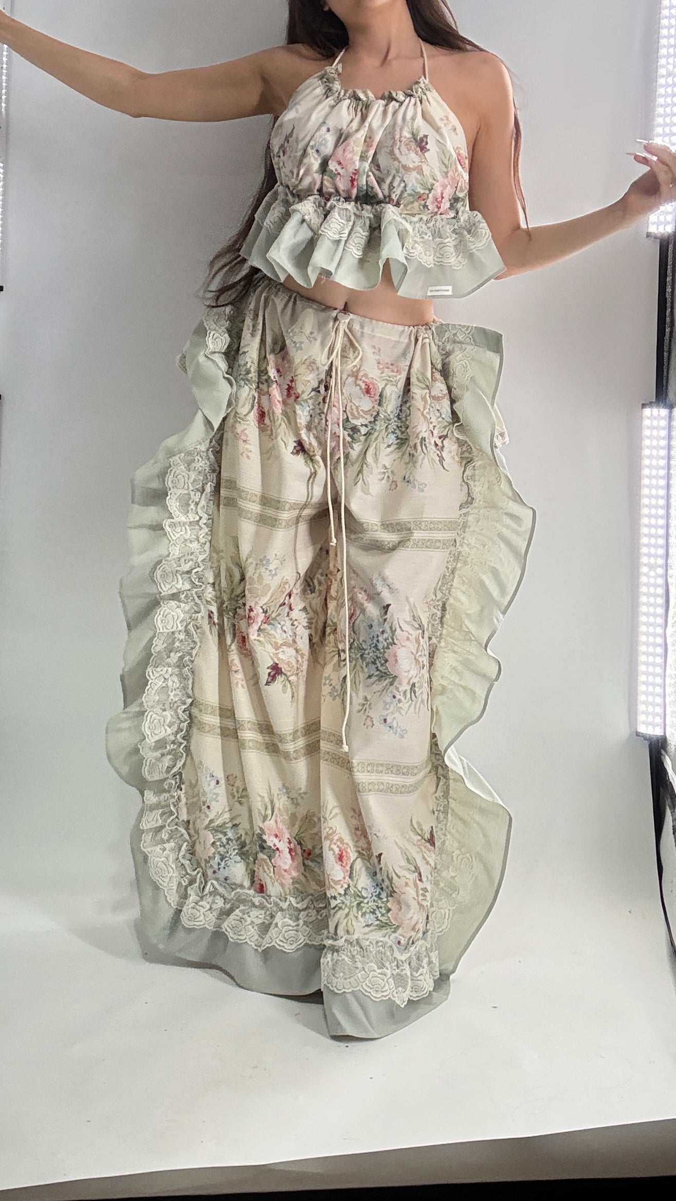 Handmade Vintage Muted Florals Two Piece Set with Adjustable Waist and Bust Lines (XS-XL)