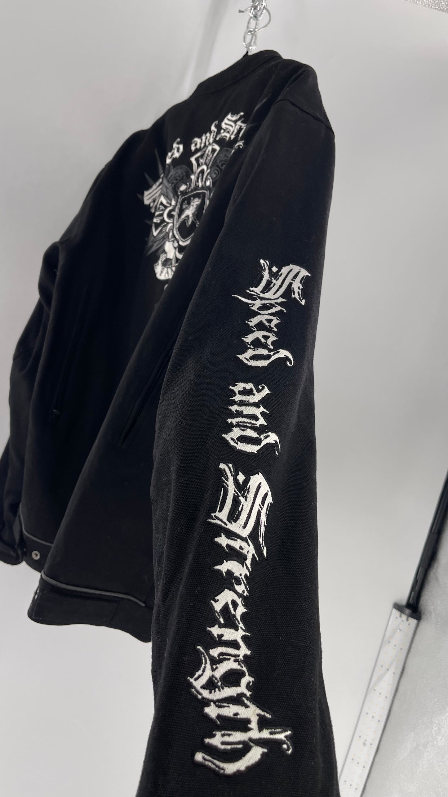 Vintage Speed + Strength Grunge Punk Riding Motorcycle Jacket with Cross Embroidery, Wings, Fame + Fortune, Speed + Strength Men’s Unisex (XXL)