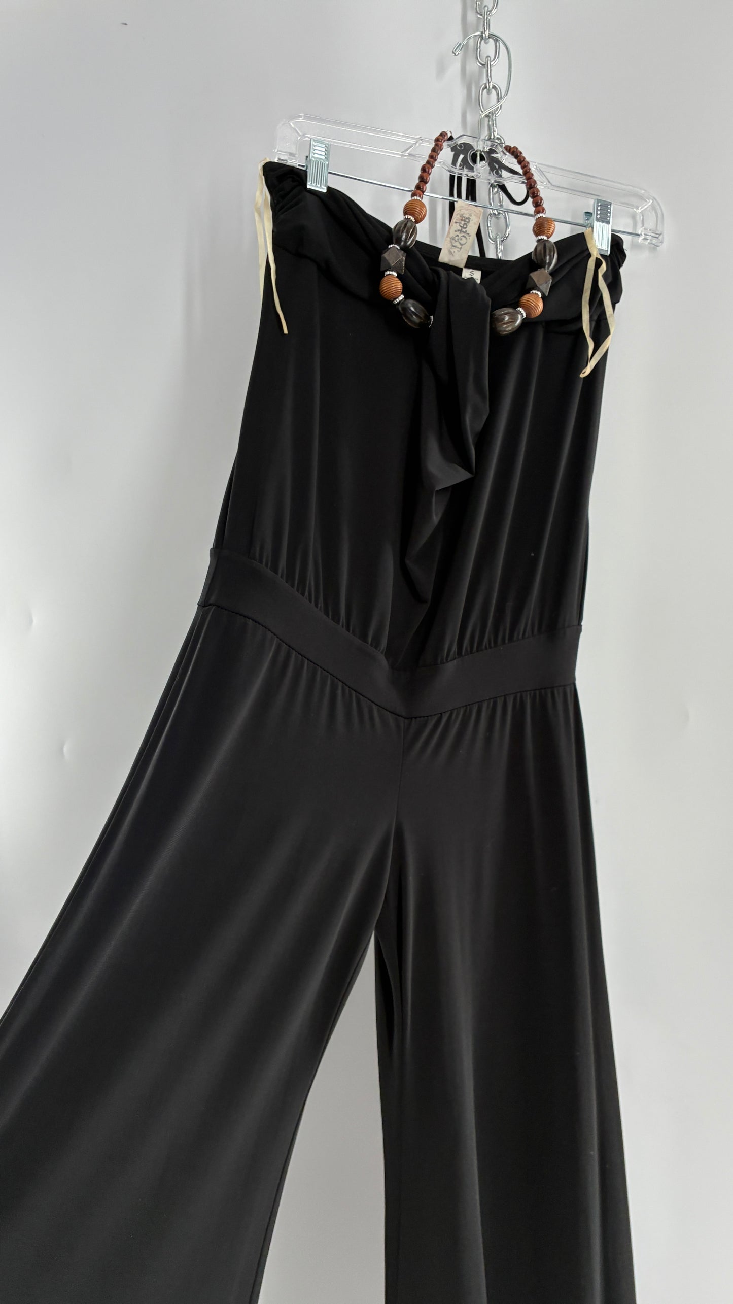 Vintage L8ter 1990s Black Drop Waist Wide Leg Jumpsuit with Beaded Choker Halter (Small)