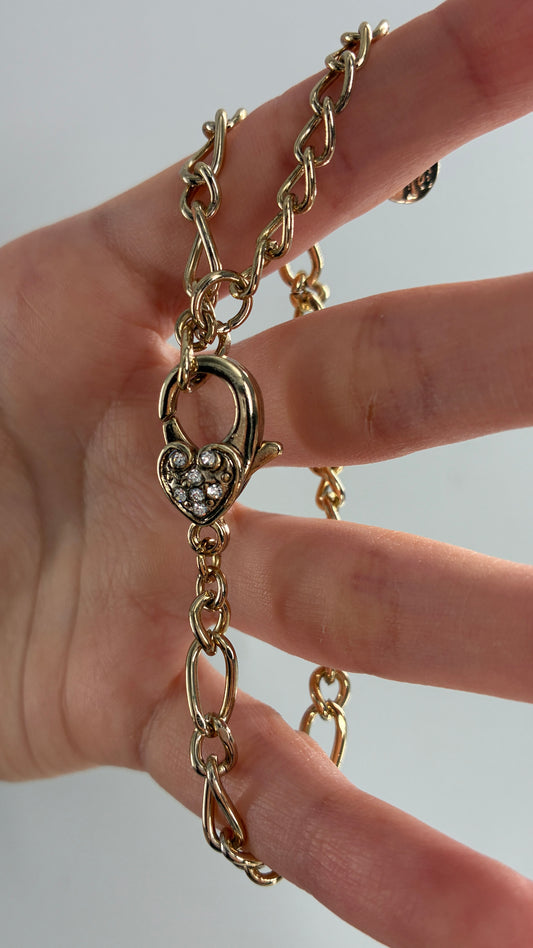 Gold Link Bracelet with Rhinestone Encrusted Heart Clasp