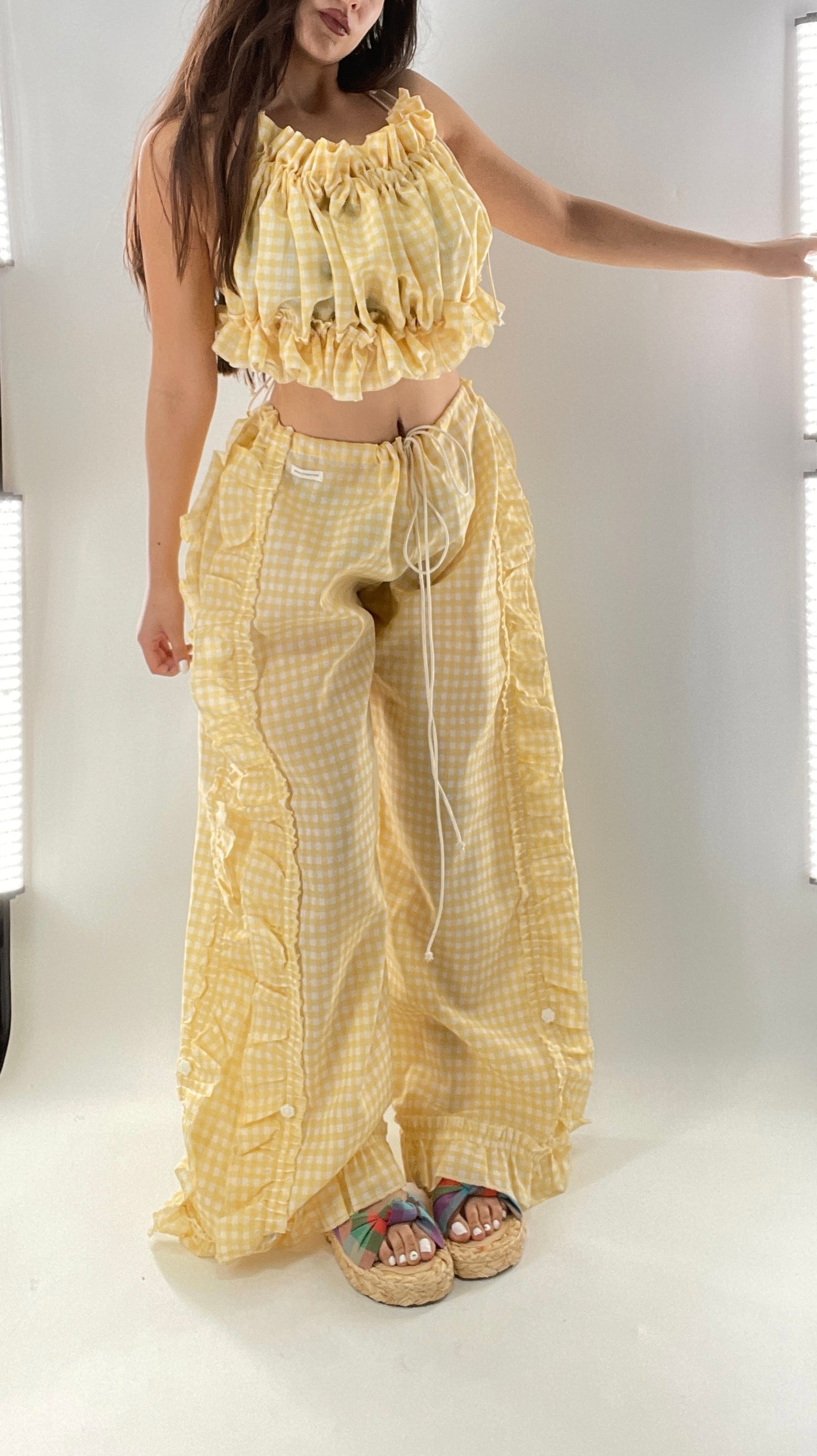 Vintage 2 Piece Yellow Checkered/Gingham Patterned Picnic Set with Ruched Bust Top and Ruffle Side Wide Legs with Adjustable Length, Strap Up Buttons on Hem (One Size)