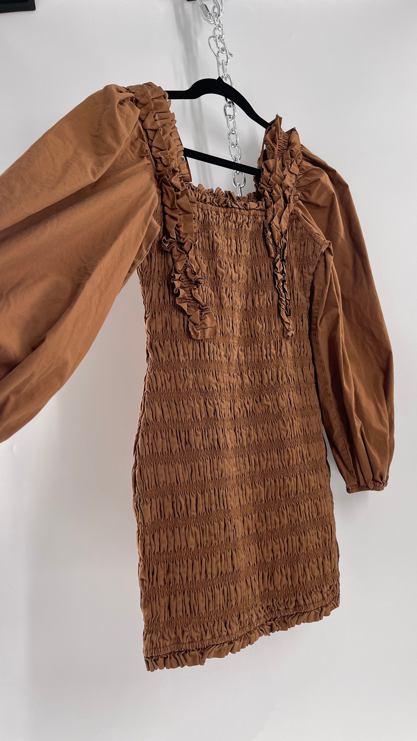 Endless Rose Anthropologie Brown Smocked Ruffle Front Puff Sleeve Mini Dress (Medium)