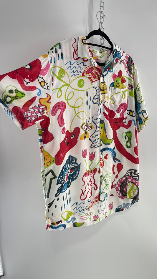 Urban Outfitters Happy Days Colorful Doodle Button Up (Large)