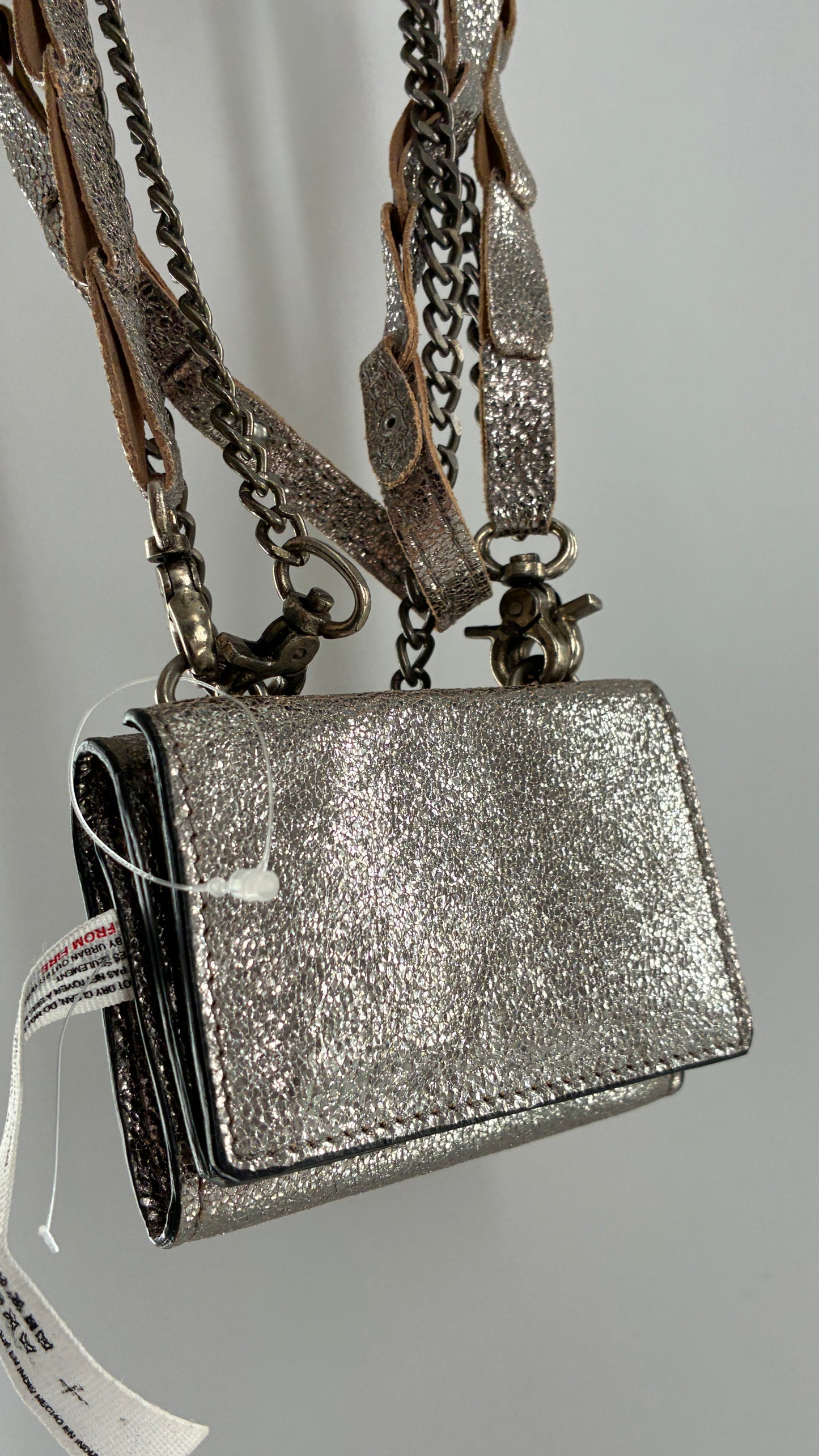 Free People Silver Gun Metal Metallic Goat Leather Wallet with Leather and Chain Straps