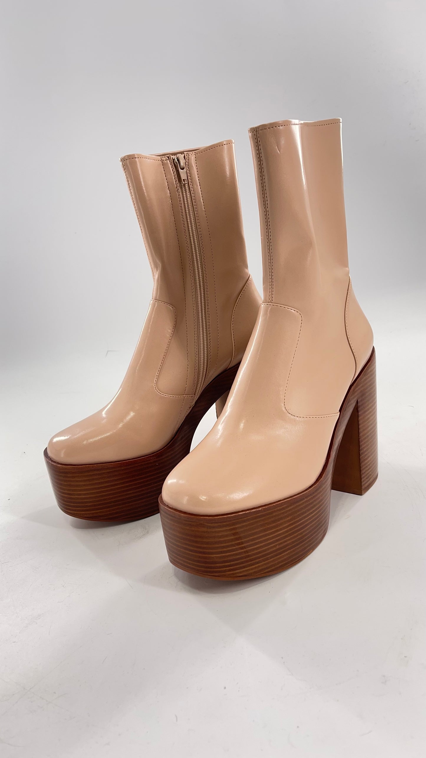 Free People X Jeffrey Campbell Mexique GoGo Boots • Beige Patent Boot with Wood Grain Chunky Block Heel and Platform (9)