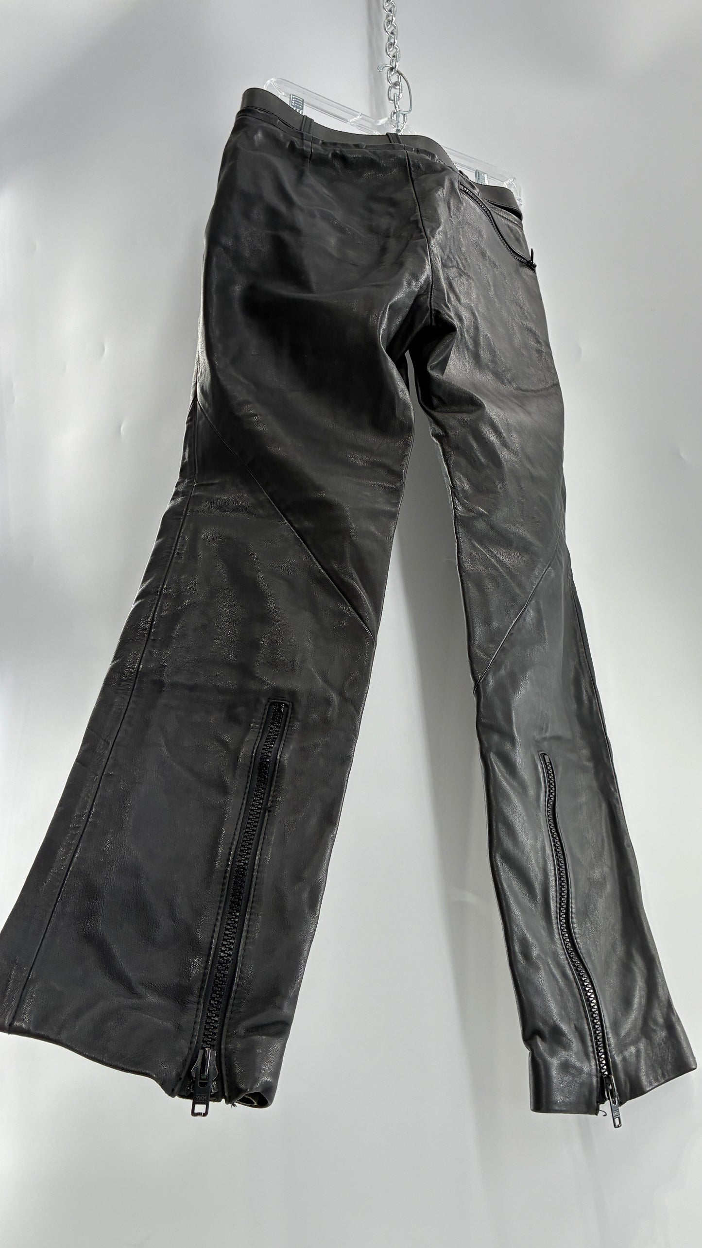 Vintage Black Italian Leather Motorcycyle Pants with Built In Belt and Zipper Detailing (XS)