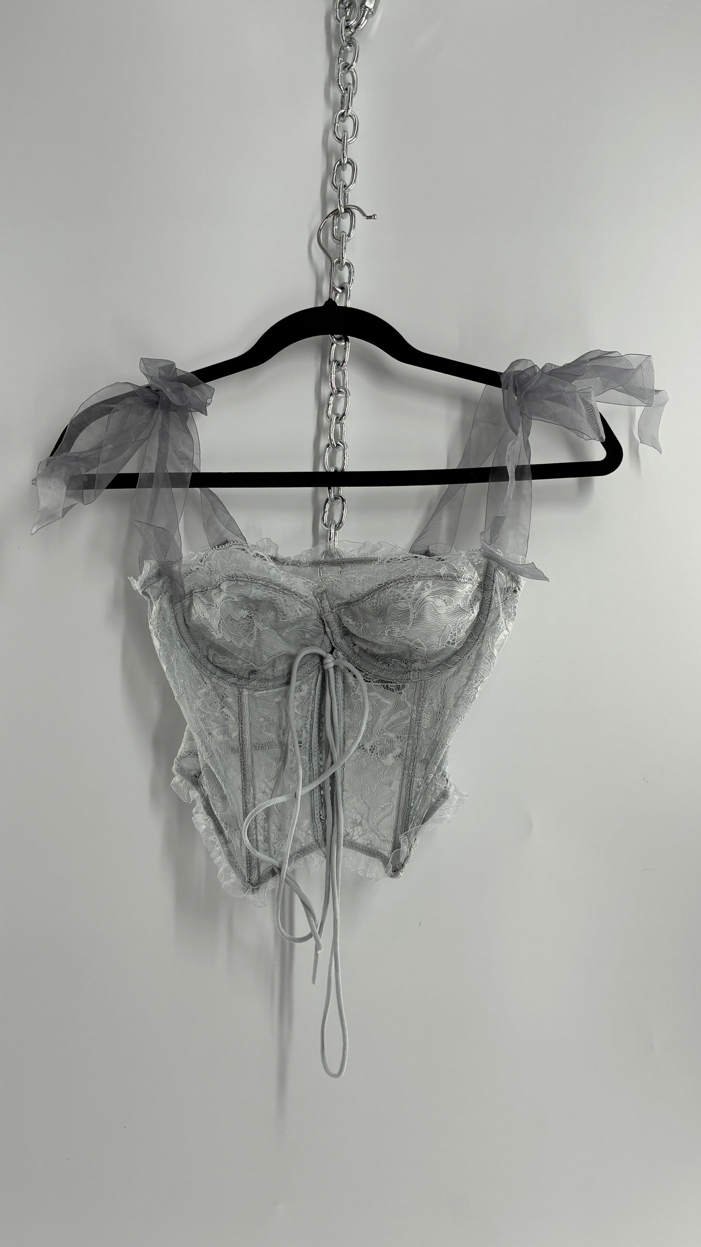 Vintage Light Grey Pointed Hem Lace Corset with Shoulder Bows (XS)