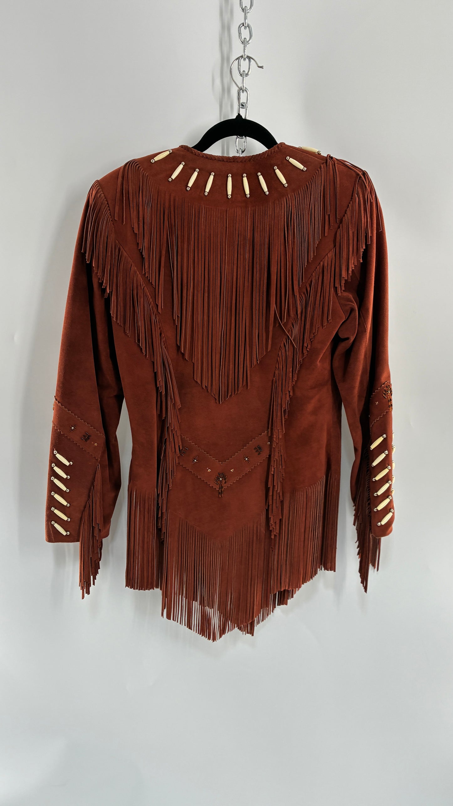 Vintage 1970s Suede Made in Old Senora Mexico Rust Thick Heavy Duty Suede Leather Jacket with Pointed Hemline, Beaded Details and Fringe Design (8)