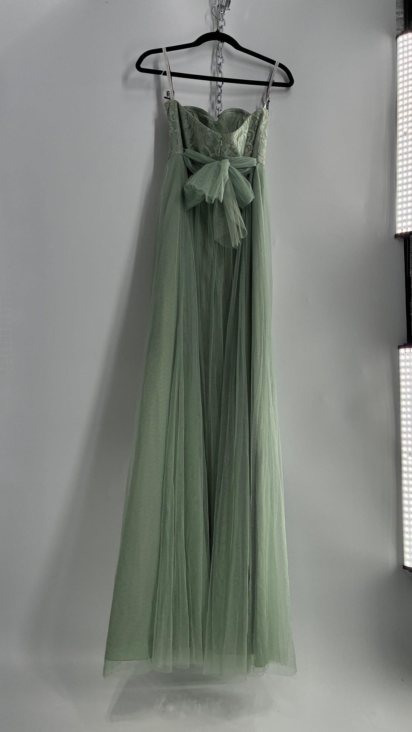 Jenny Yoo Seafoam Green Tulle Full Length Dress with Lace Corset Bodice (8)