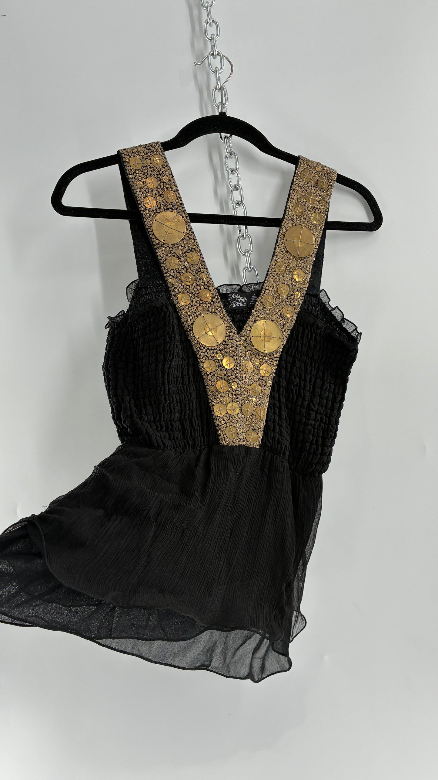 Vintage SAKS FIFTH AVENUE Black 100% Silk Camisole with Heavily Beaded Bronze Appliqué Strap (Small)
