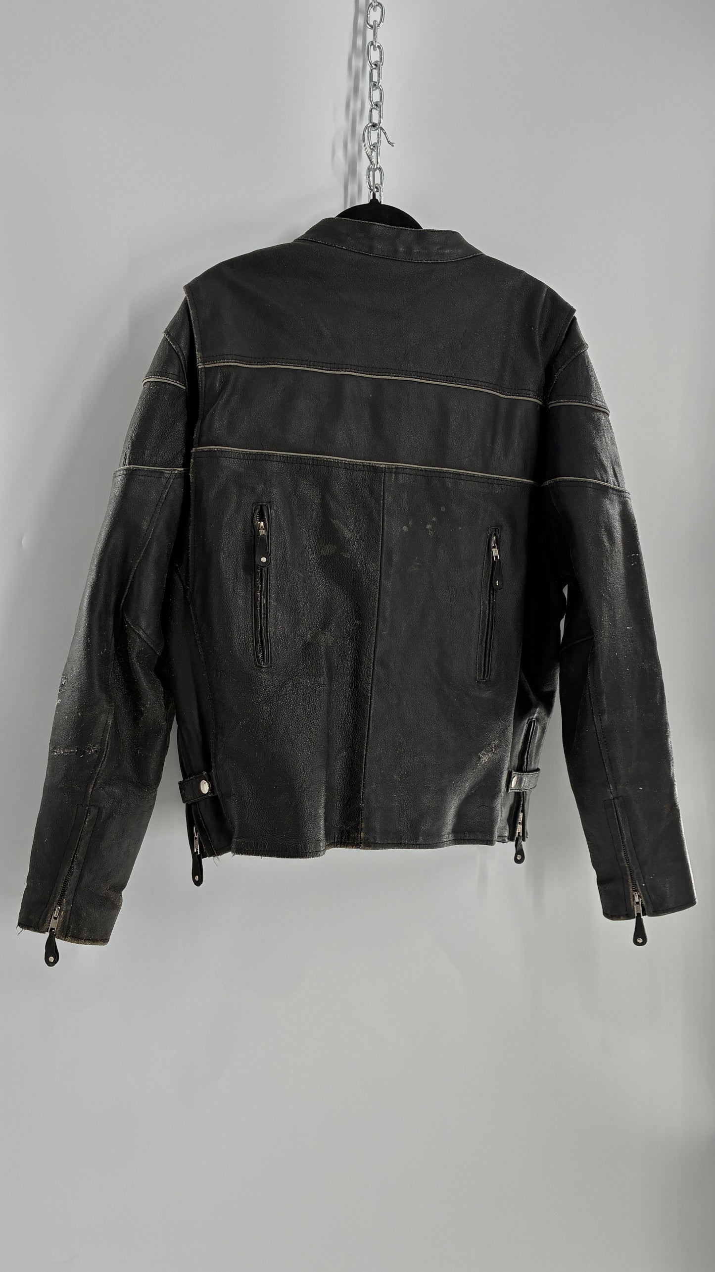 Vintage Distressed Genuine Leather Motorcycle Jacket with Zippered Pockets, Cuffs, and Sides (Large)