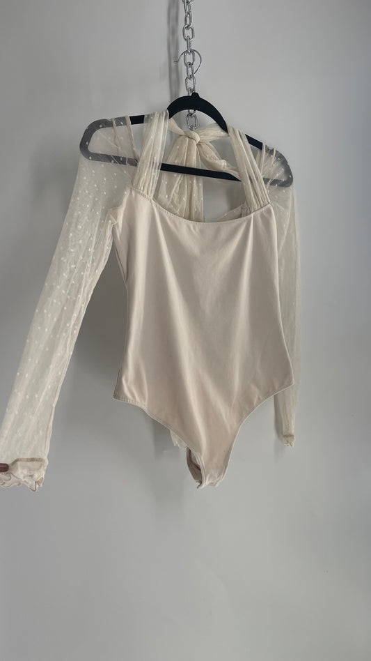 Intimately Free People Cream Bodysuit with Mesh Polka Dot Sleeves and Straps (Medium)
