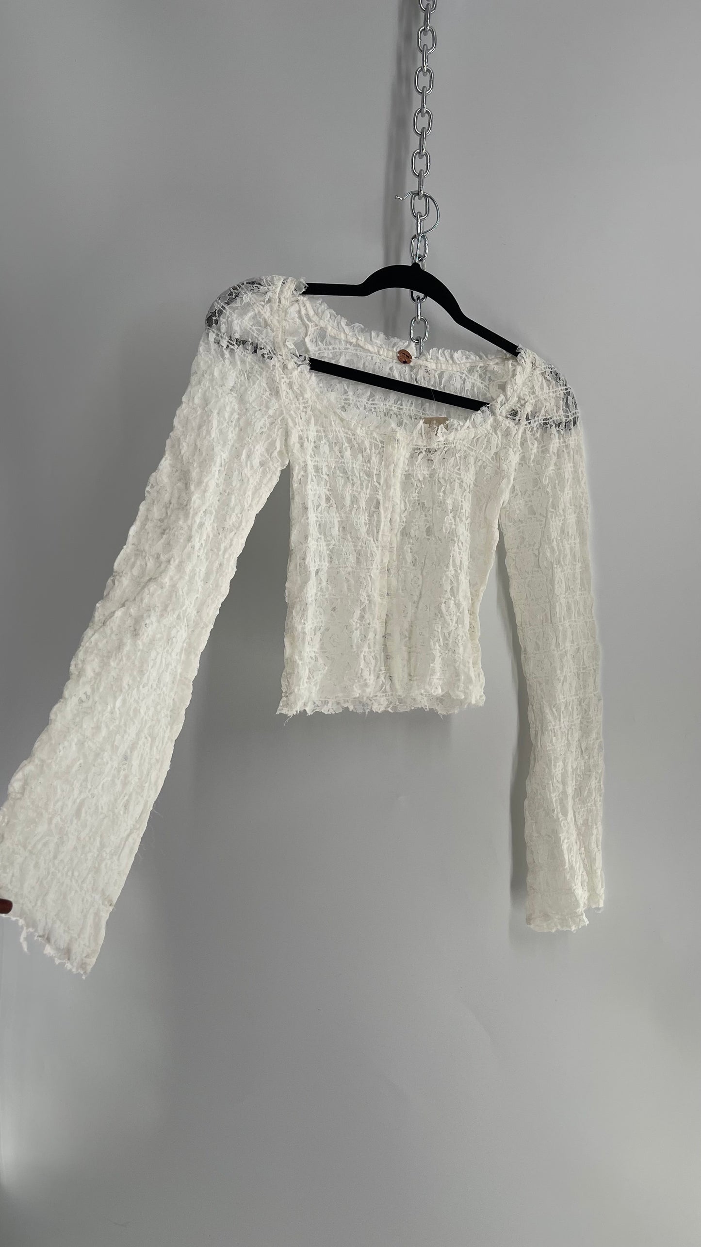 Free People White Smocked Lace Long Sleeve with Eyelet Closure (Small)