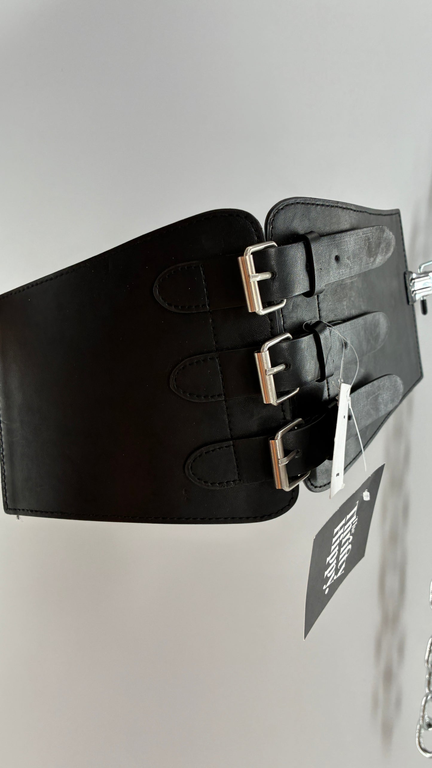 Urban Outfitters Black Corset Belt with Many Buckles and Tags Attached (One Size)