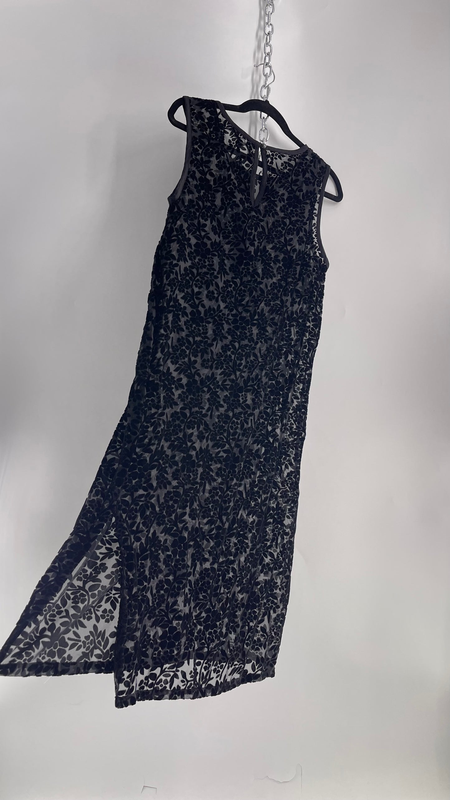 Lucky Brand Black Sheer Patterned Floral Velvet Midi Dress with Tags Attached (Medium)