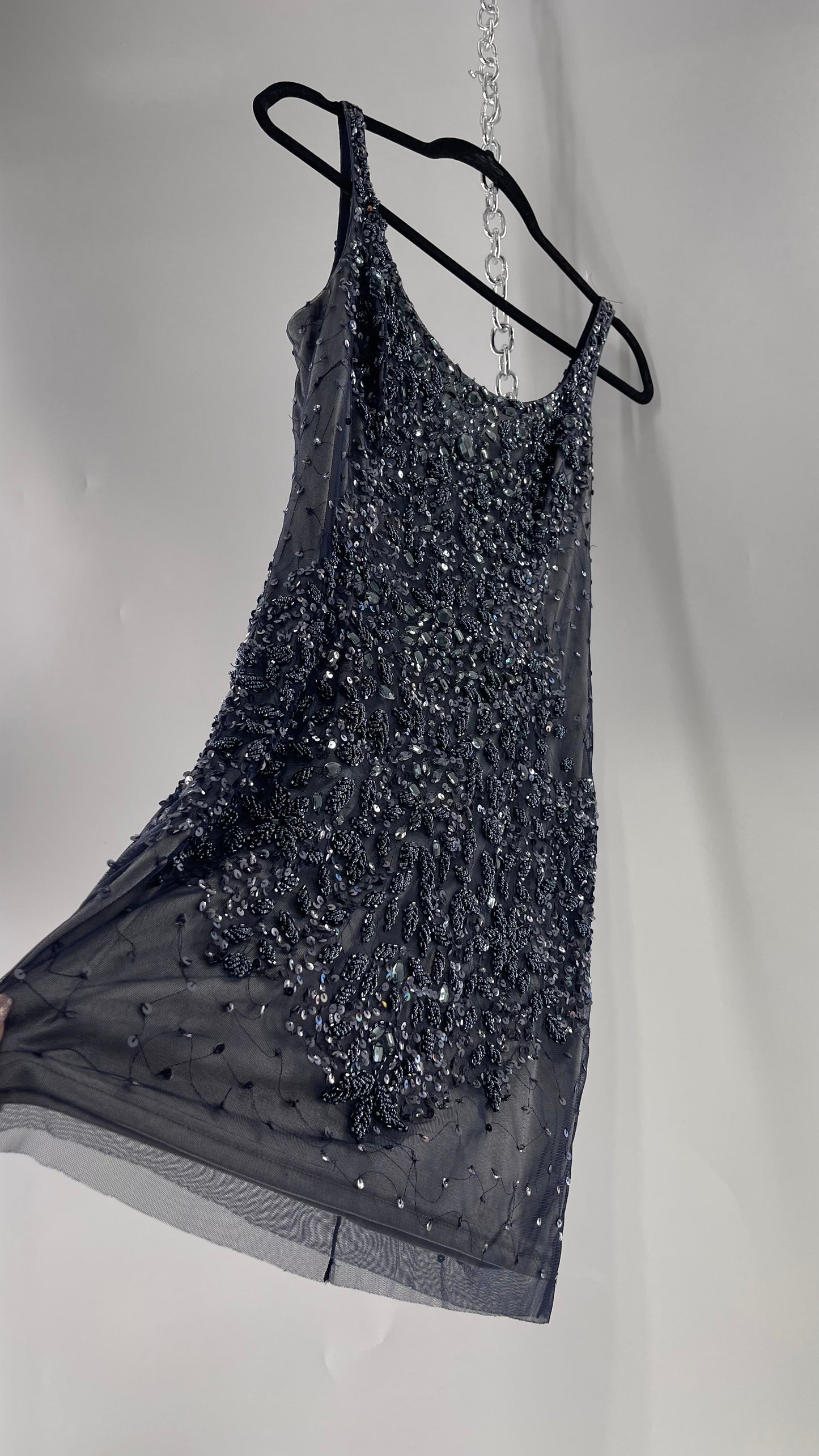 Vintage Cache Moonlight Grey/Navy Blue Tunic Mini Dress with Accentuating Placement of Beads, Sequins and Embroidery Details (2)